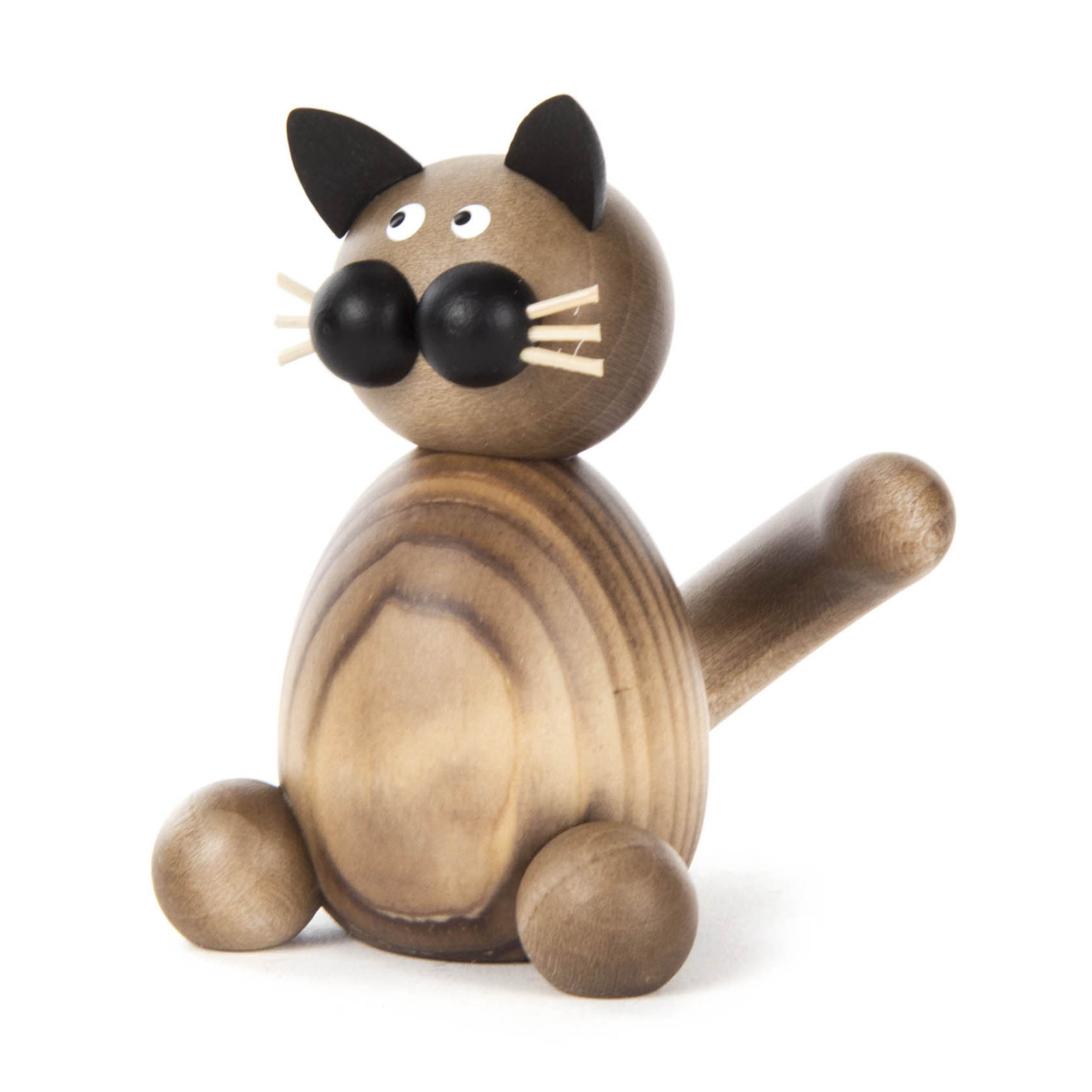 Wooden cat figurine with a smooth brown body, black ears and nose, and white whiskers, sitting upright.