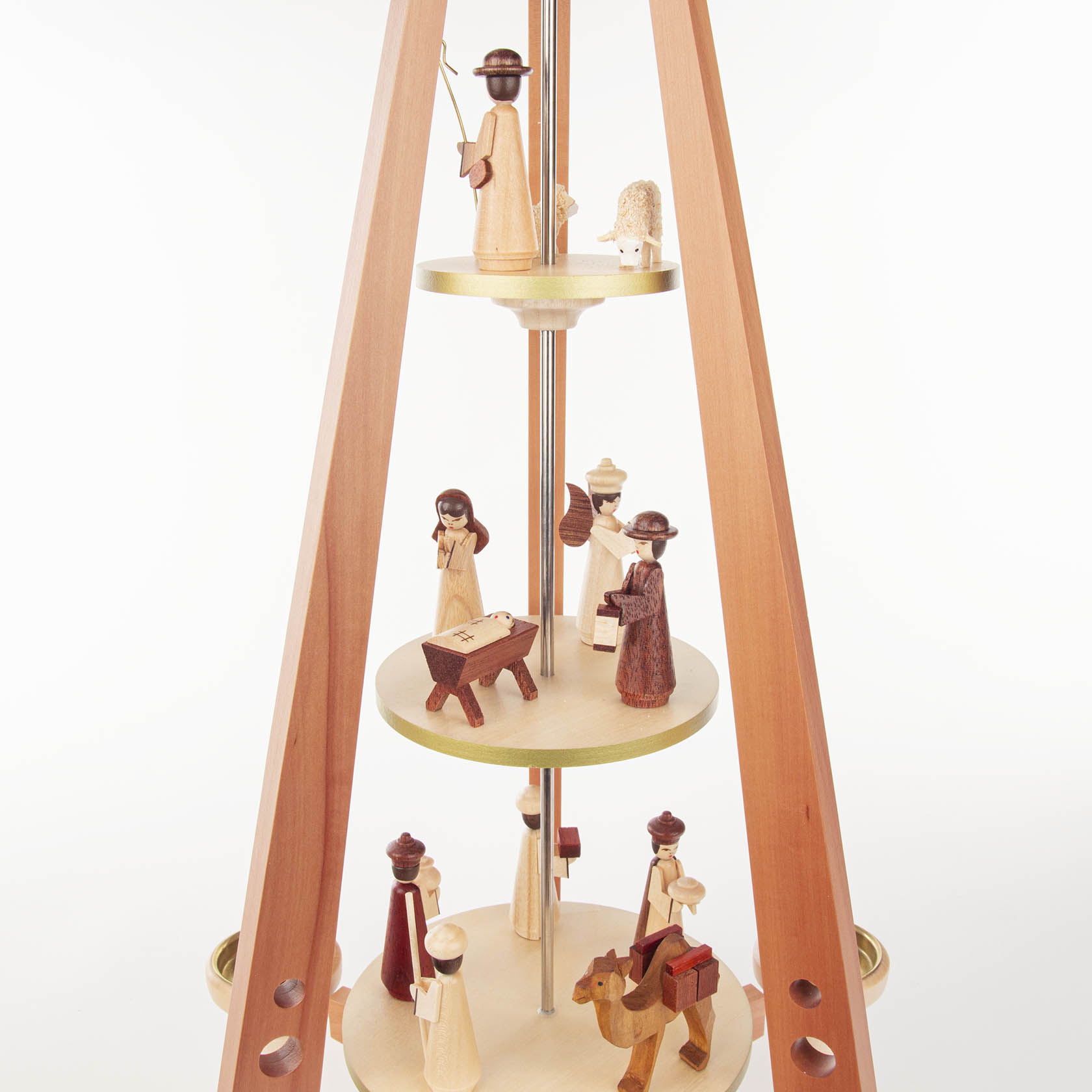 Three-tiered mid-century modern style natural wood Christmas pyramid with nativity scene, designed for tea lights and 14mm candles.