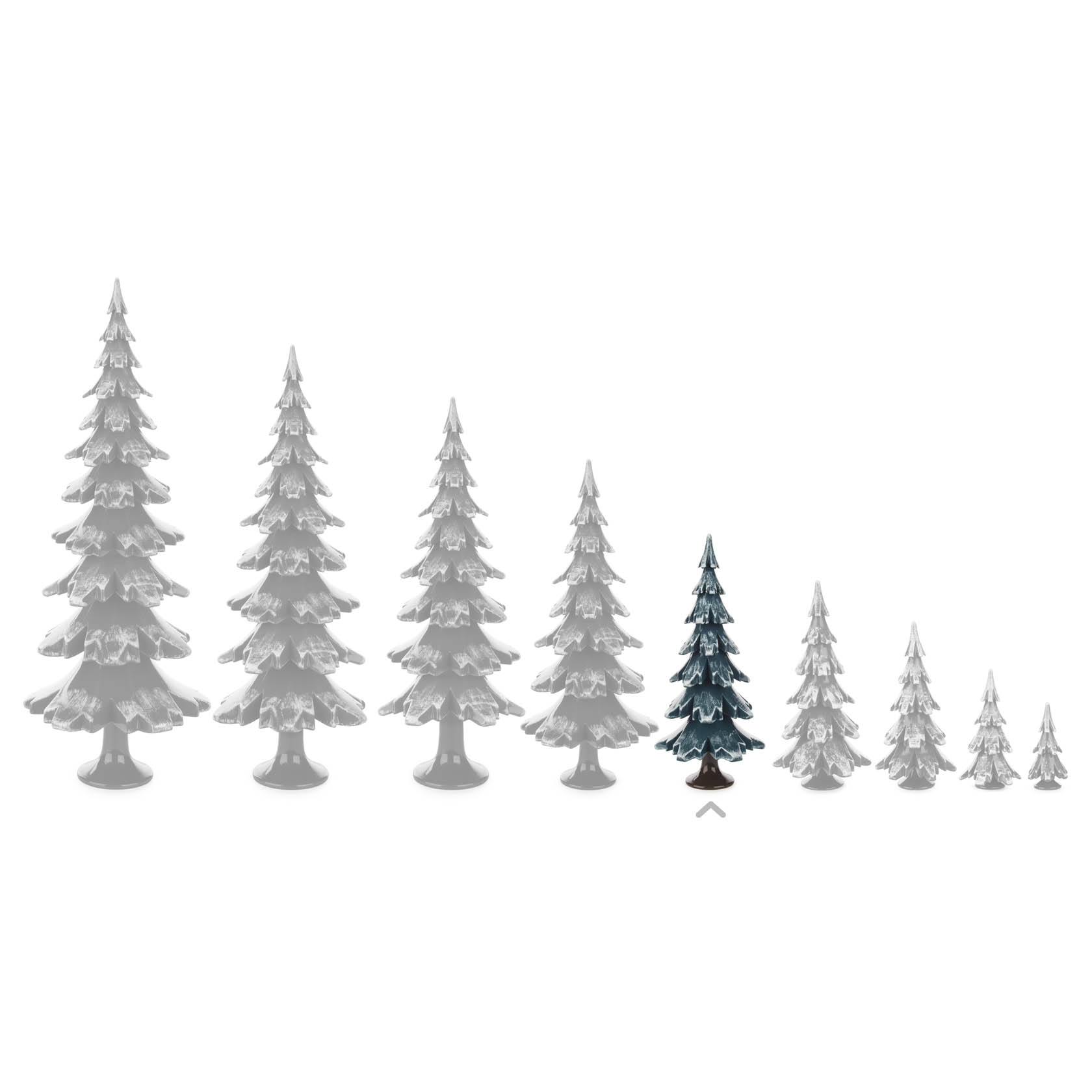 Eine Reihe von dekorativen, stilisierten Tannenbäumen in abnehmender Größe, größtenteils in Grau. Der zweite von rechts ist grün und aus massivem Holz.