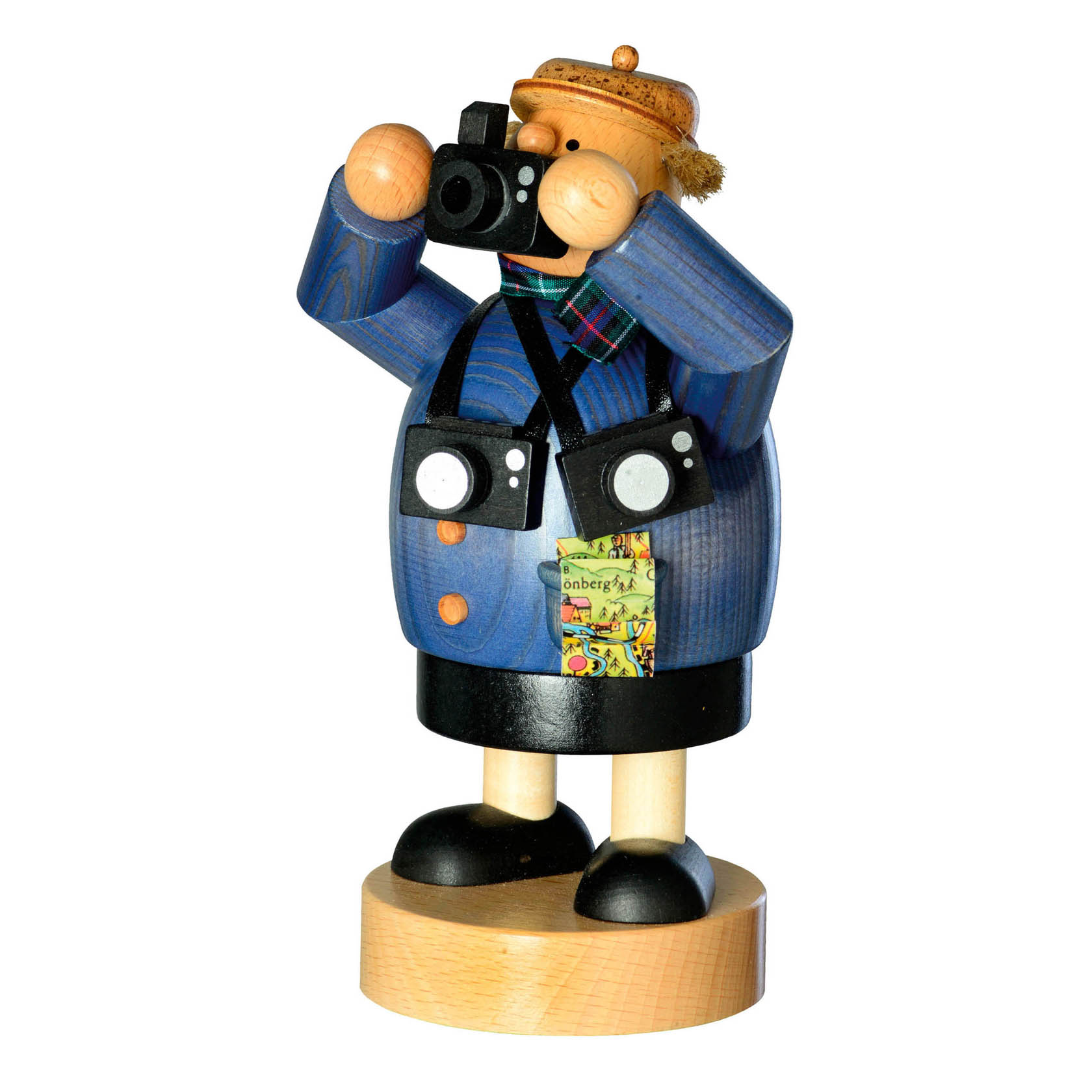 Holzfigur eines Fotografen, etwa 20 cm groß. Die Figur trägt einen blauen Mantel, hat eine Kamera vor dem Gesicht und zwei weitere Kameras um den Hals. im Dregeno Online Shop günstig kaufen