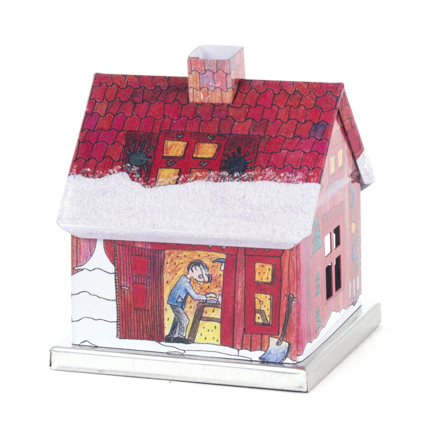 A small metal incense house painted with a winter scene and a man peeping through a window. The roof is covered with snow.
