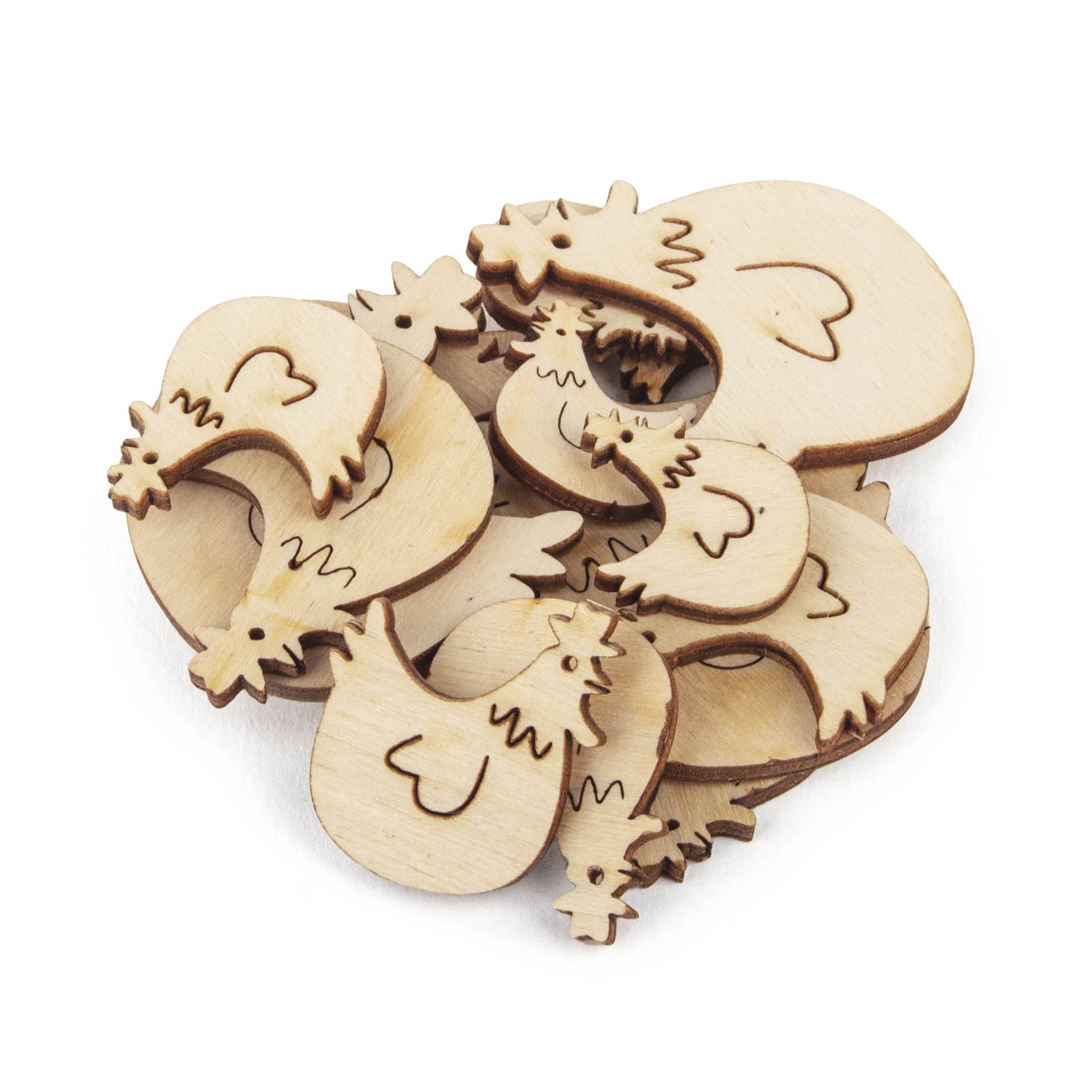 A pile of wooden chicken-shaped decorative pieces with hearts engraved on their bodies. im Dregeno Online Shop günstig kaufen