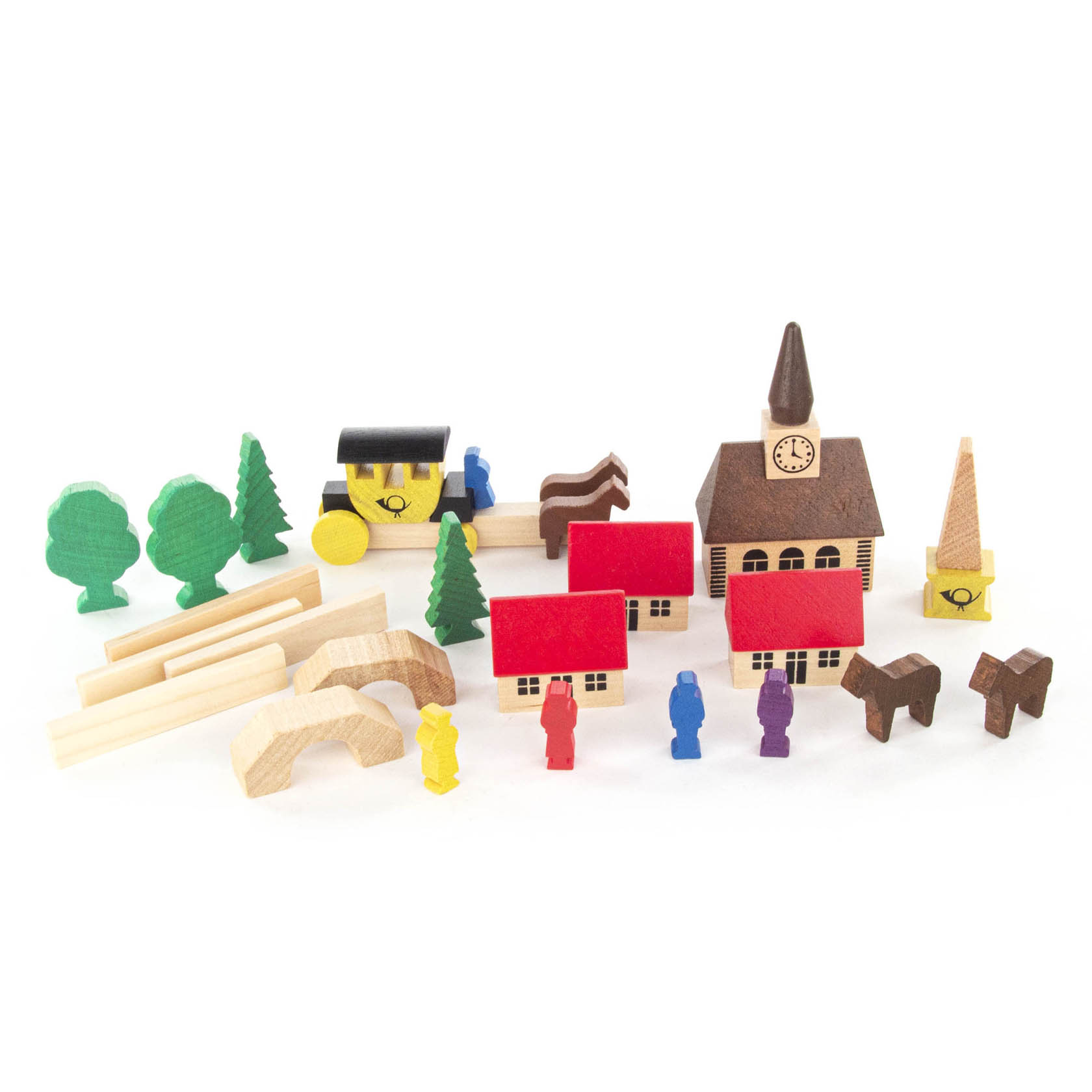 A toy village with wooden houses, trees, a church, bridges, and a yellow stagecoach with two horses and wooden people.