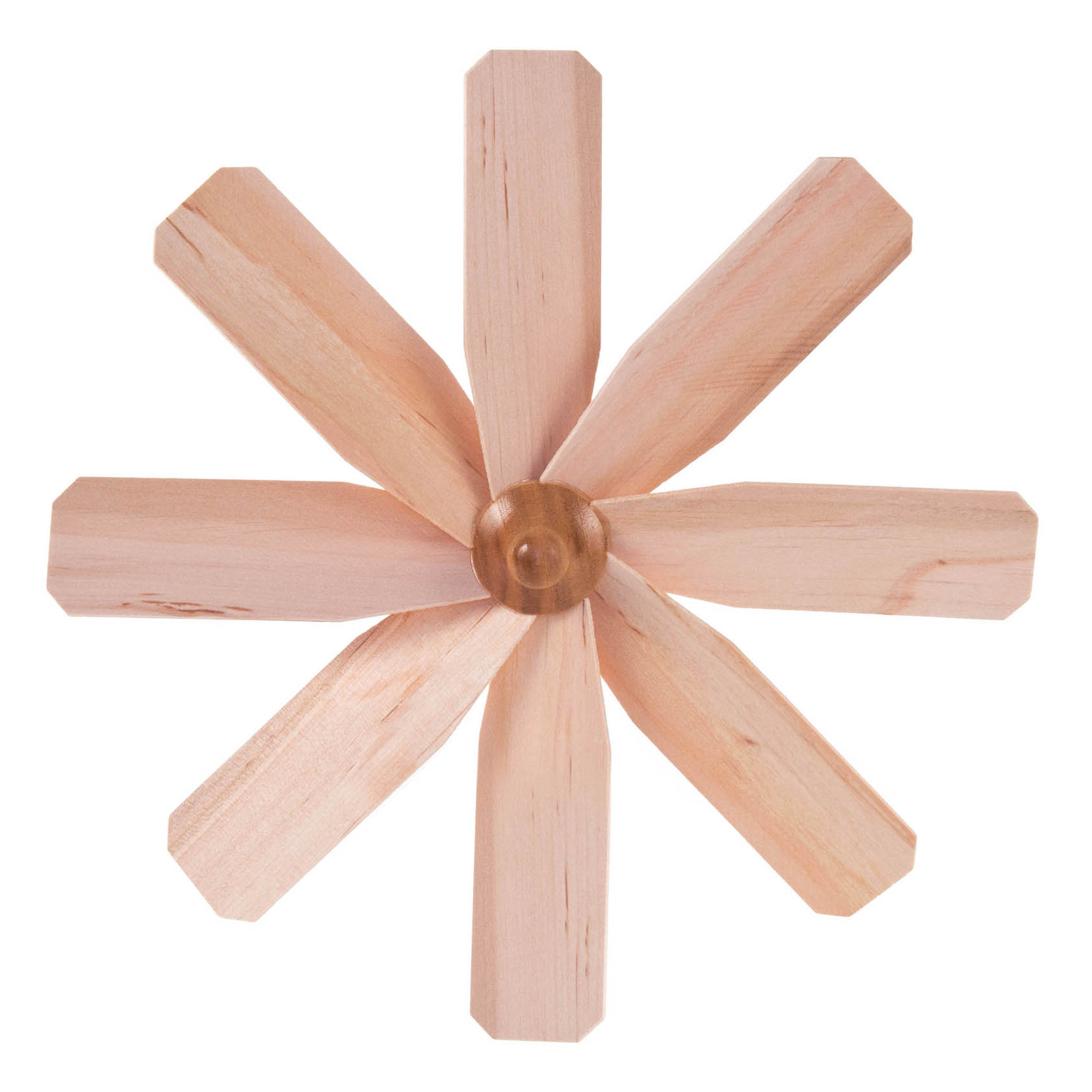 A wooden radial fan with six broad, flat blades attached to a central hub. im Dregeno Online Shop günstig kaufen