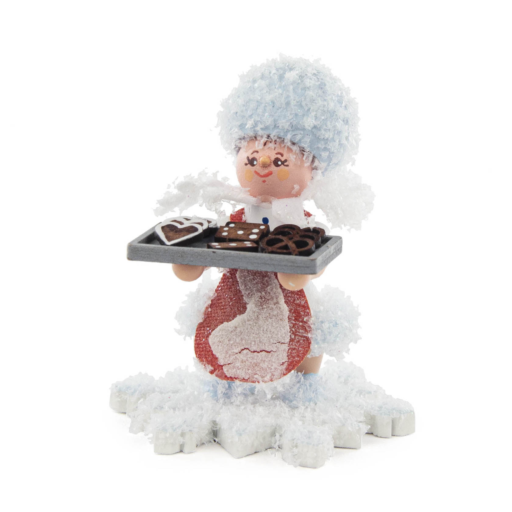 A smiling, fluffy-haired figurine dressed in red and white, holds a tray with various gingerbread cookies, including hearts and pretzels. im Dregeno Online Shop günstig kaufen