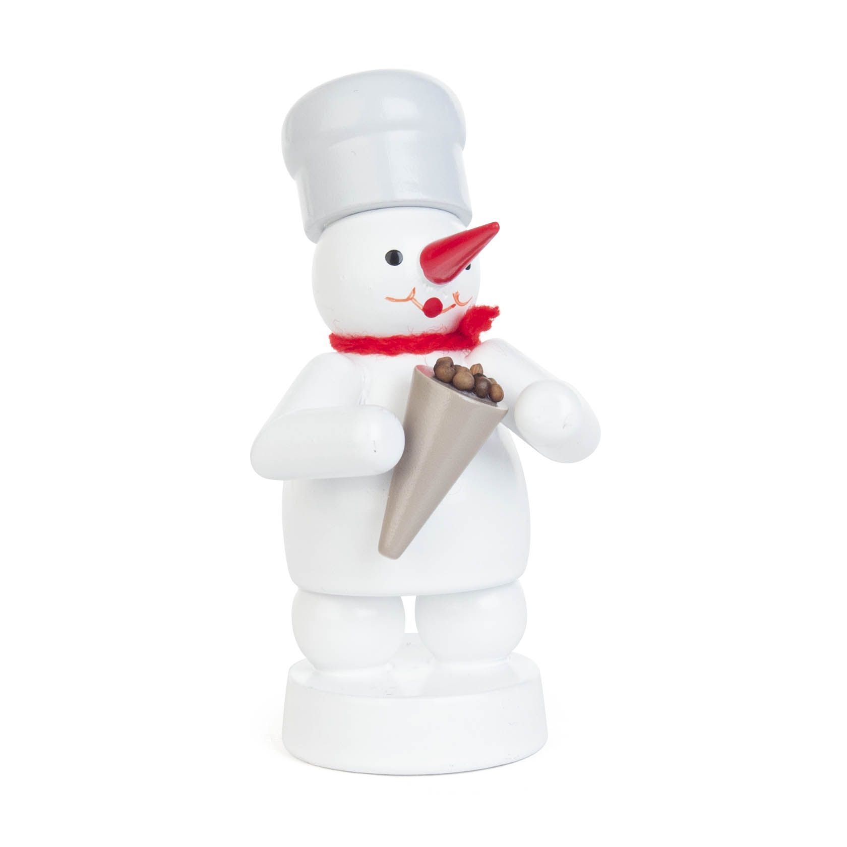 Holzfigur eines Schneemanns mit rotem Schal und grauer Bäckermütze, der ein graues Tütchen gebrannte Mandeln hält. im Dregeno Online Shop günstig kaufen