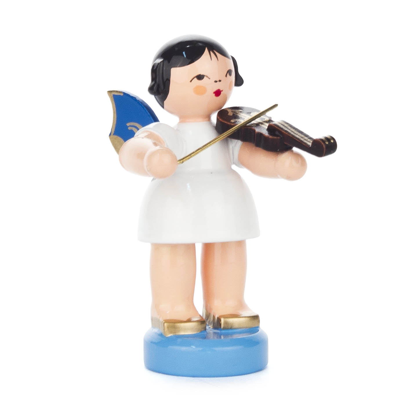 Ein Engelfigur spielt Violine. Der Engel hat blaue Flügel, trägt ein weißes Kleid und steht auf einem blauen Sockel. im Dregeno Online Shop günstig kaufen