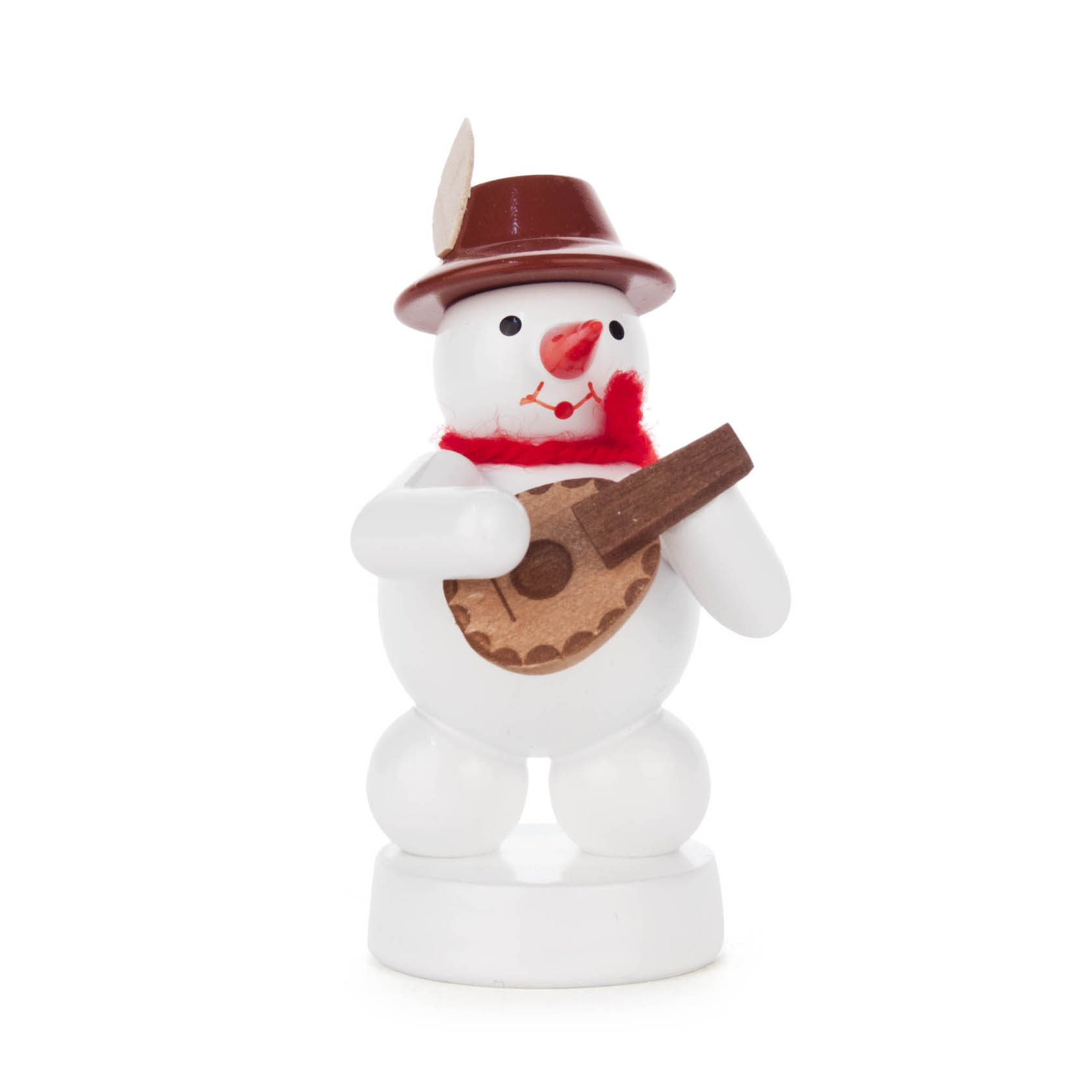Kleiner Schneemann mit rotem Schal und Hut, der eine Mandoline spielt. im Dregeno Online Shop günstig kaufen