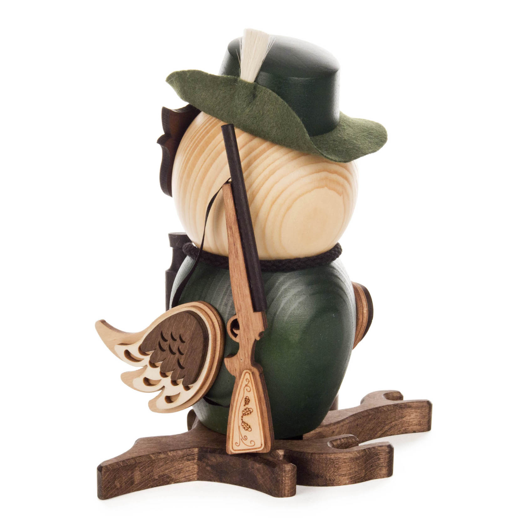 Räuchereule aus Holz, gestaltet als Jäger mit grüner Jacke, grünem Hut und Gewehr, sitzend auf einem Holzsockel.