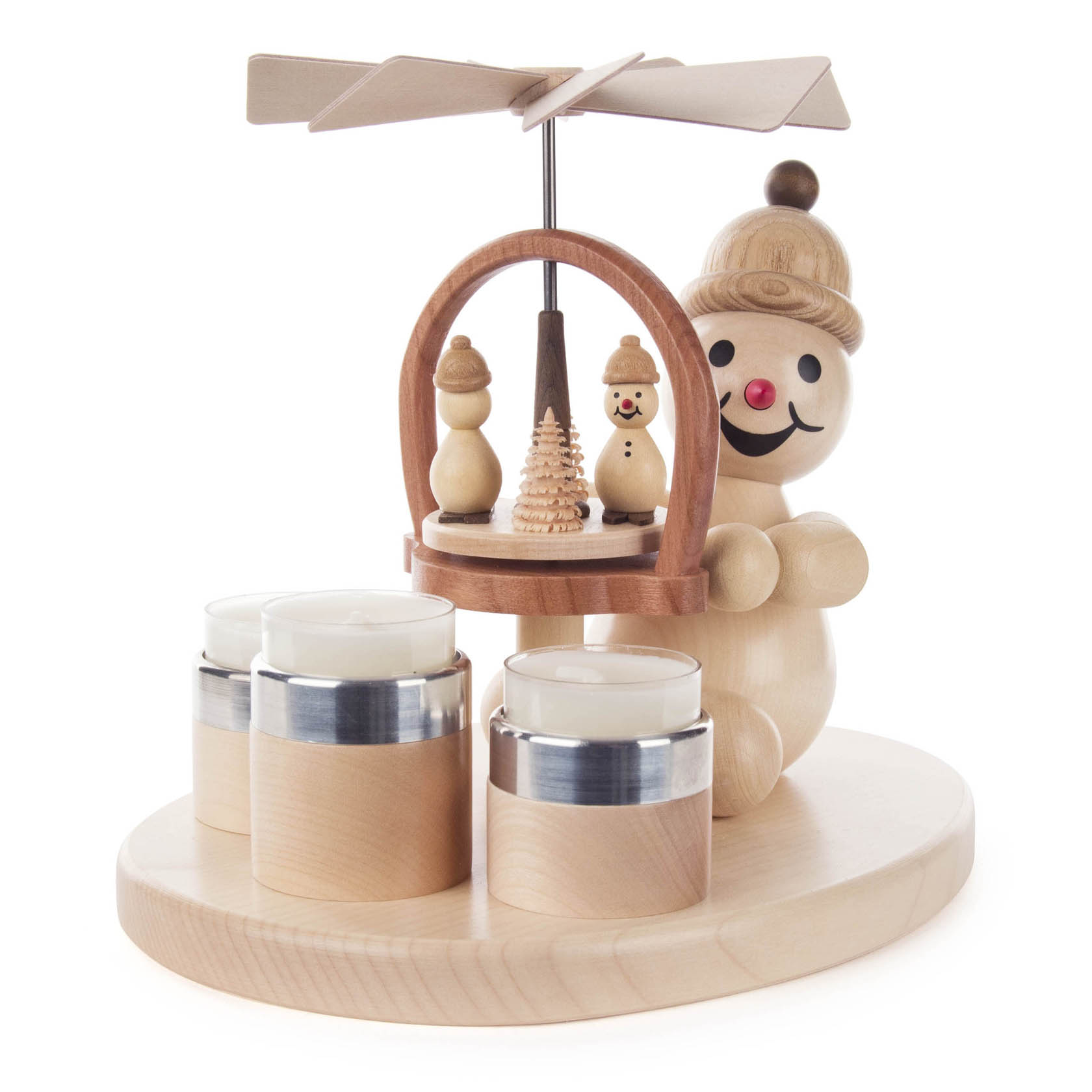 Holzpyramide mit Teelichtplätzen, Schneemannfigur und drehbaren Flügeln im Dregeno Online Shop günstig kaufen