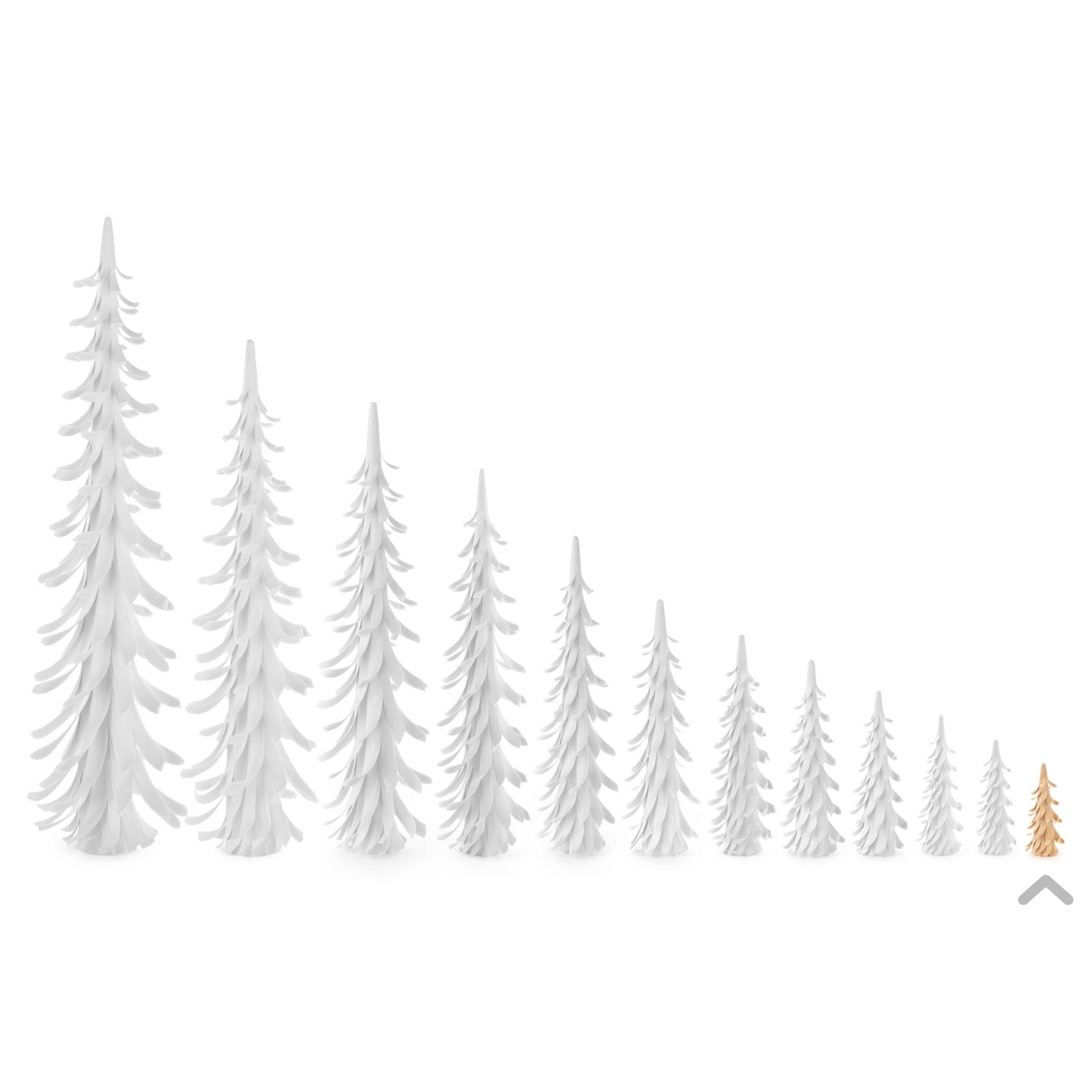 Array of white spiral trees decreasing in size, with one small natural-colored tree on the right.