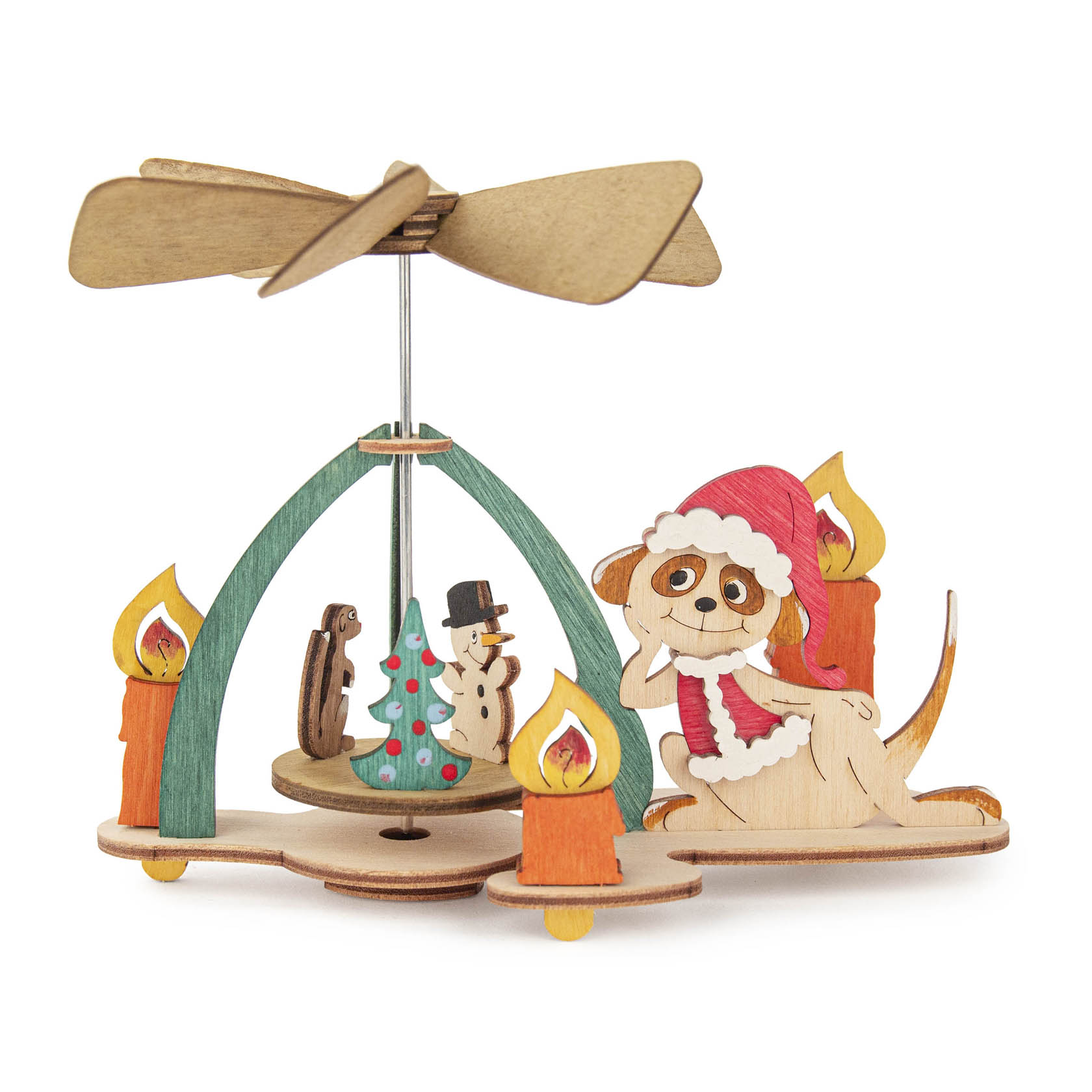 Holzbastelset mit einem Erdmännchen in Weihnachtskleidung neben einem Teelichterhalter und einem Propeller, der durch die Wärme angetrieben wird. im Dregeno Online Shop günstig kaufen