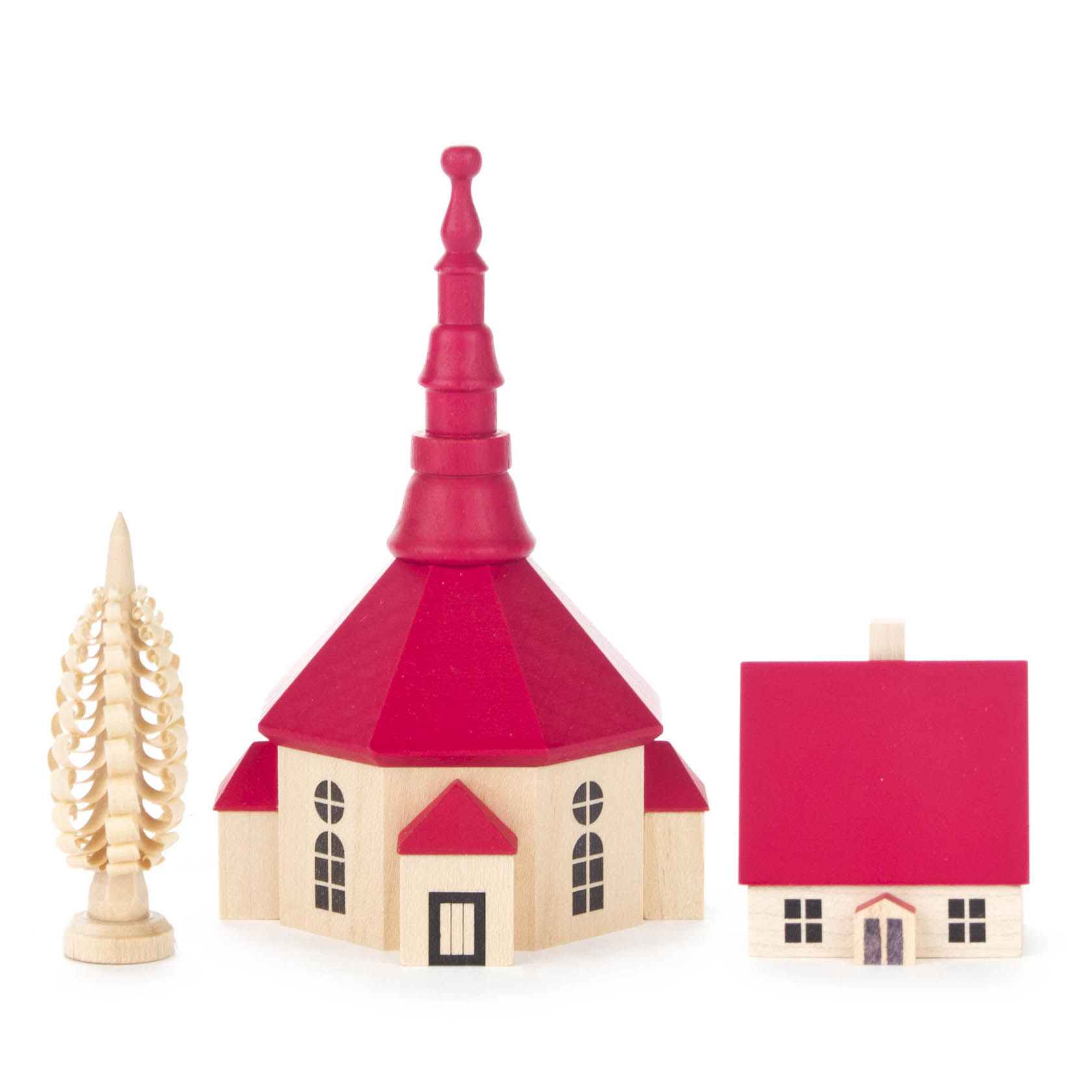 Holz-Kurrende mit rotem Kirchendach, kleinem Haus mit rotem Dach und Holzbaum.