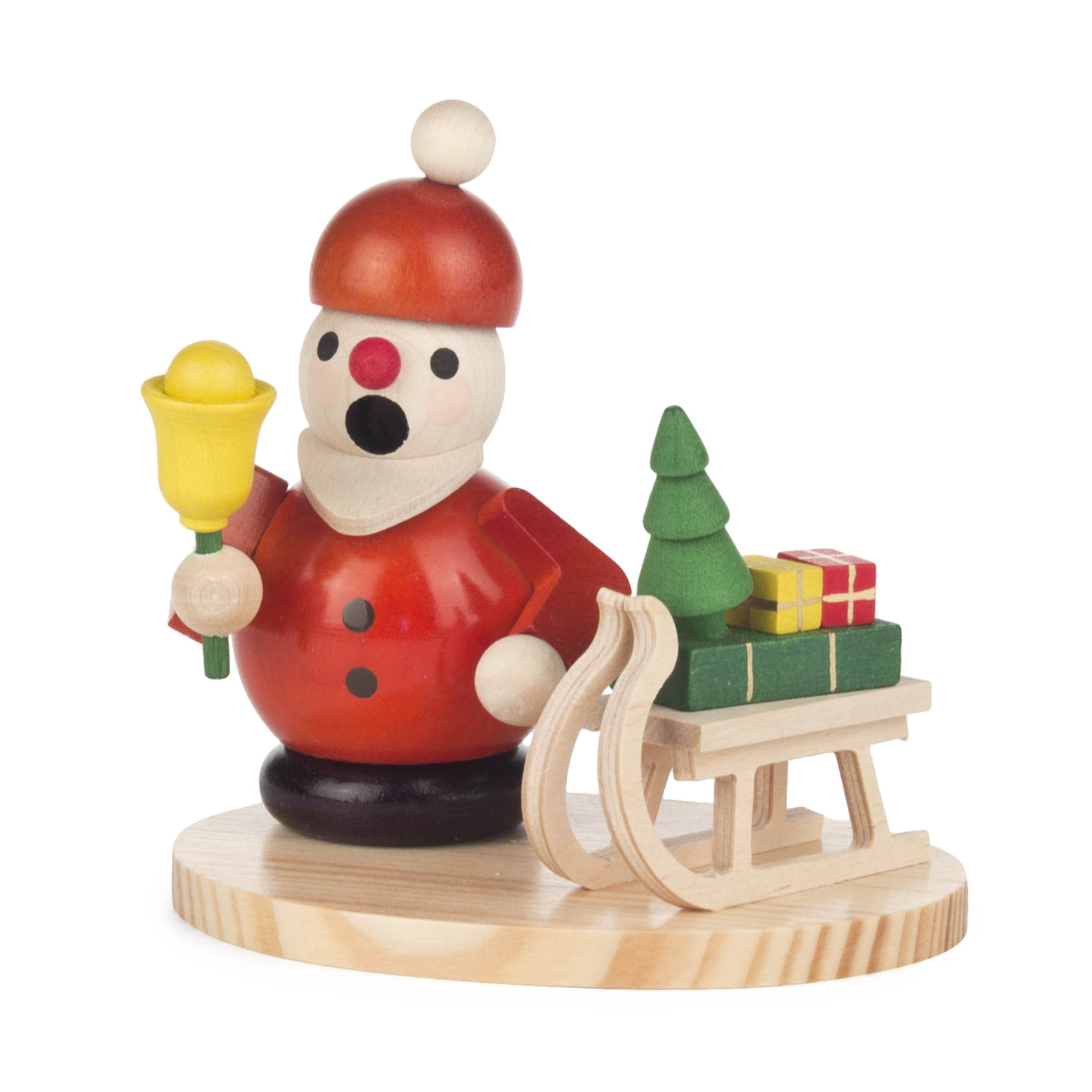 A small wooden smoking figure of Santa Claus holding a yellow bell, standing next to a sleigh with a tree and gifts, on a wooden base. im Dregeno Online Shop günstig kaufen