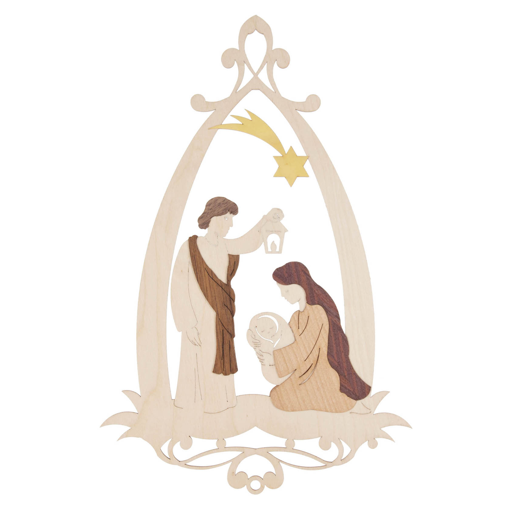 Holzschnitt eines Paares in der Weihnachtskrippenszene. Eine sitzende Frau hält ein Baby, während ein Mann mit Laterne daneben steht. Ein Stern mit Schweif über ihnen. im Dregeno Online Shop günstig kaufen