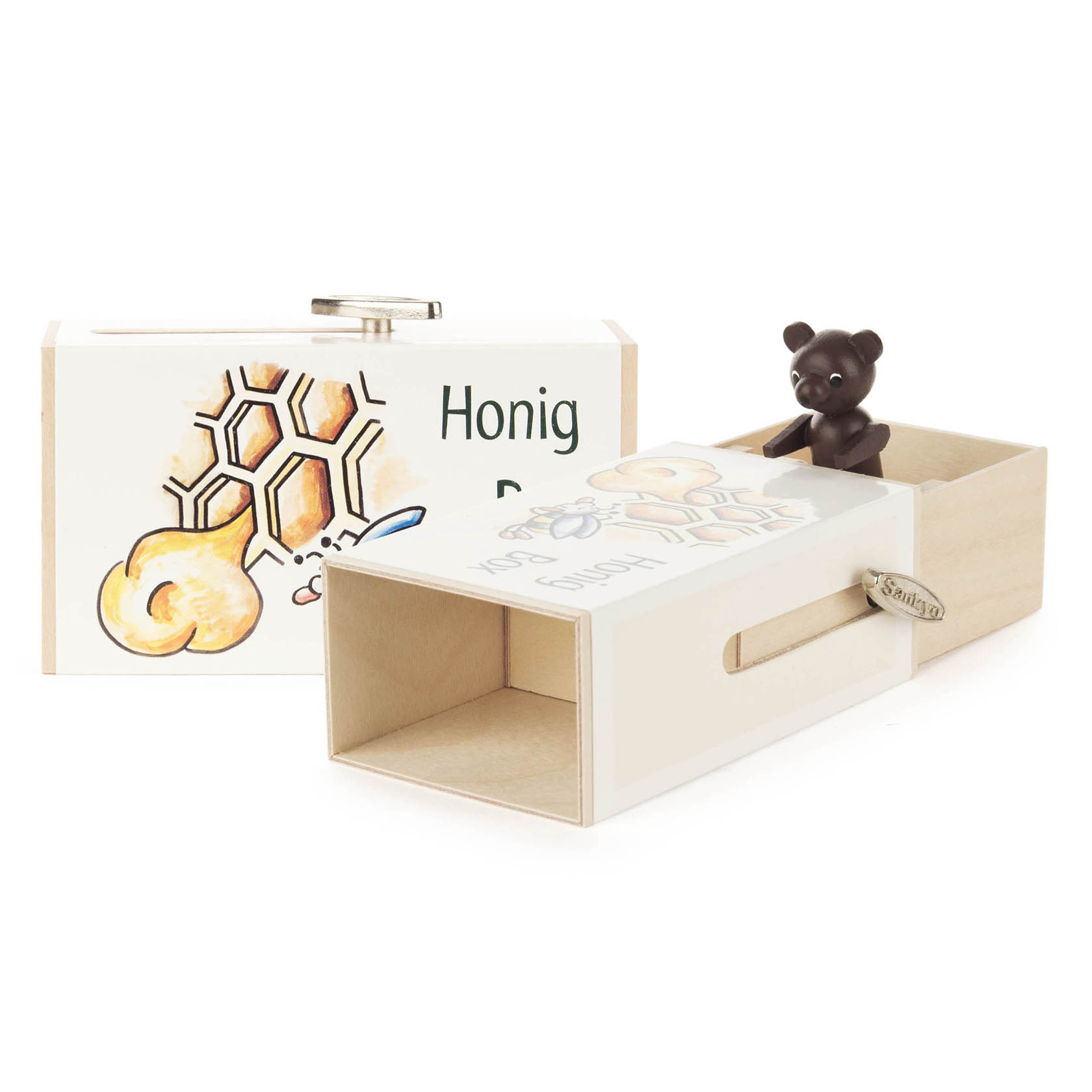 A sliding music box named 'Honig-Box', featuring a bear figurine. The box has honeycomb and bee illustrations and plays 'Everything is Beautiful'.