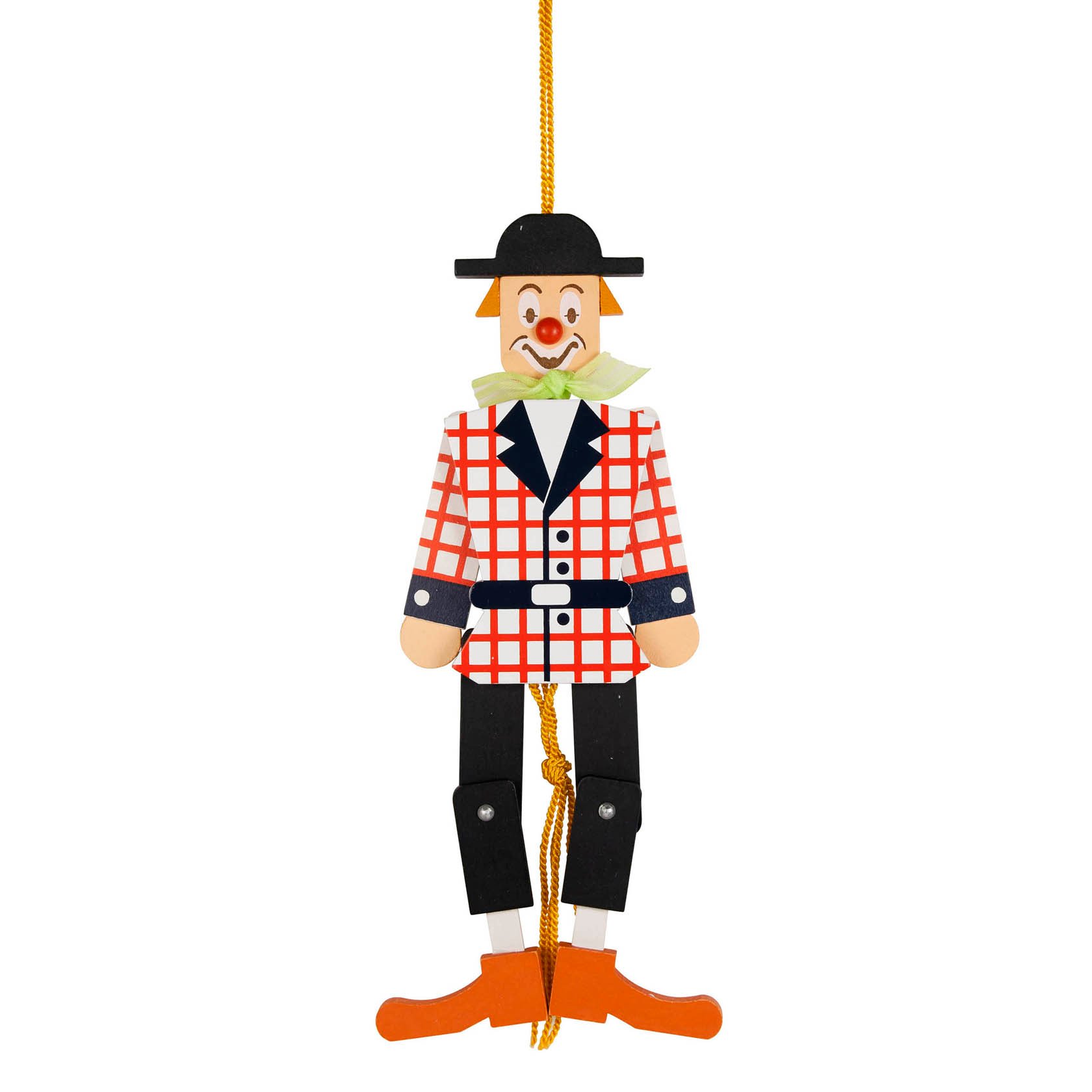 A colorful clown jumping jack toy with a checkered outfit, green ruffled collar, and a happy expression, wearing a black hat and orange shoes, hanging by a string. im Dregeno Online Shop günstig kaufen