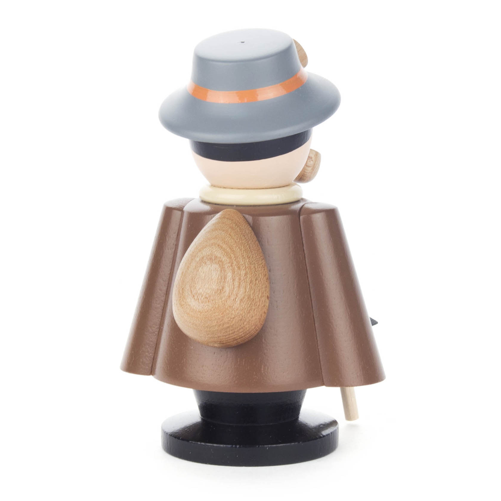 Wooden incense smoker figurine shaped as a mountaineer, featuring a wide-brimmed hat and a backpack. Its body is made of natural wood and painted in shades of brown.