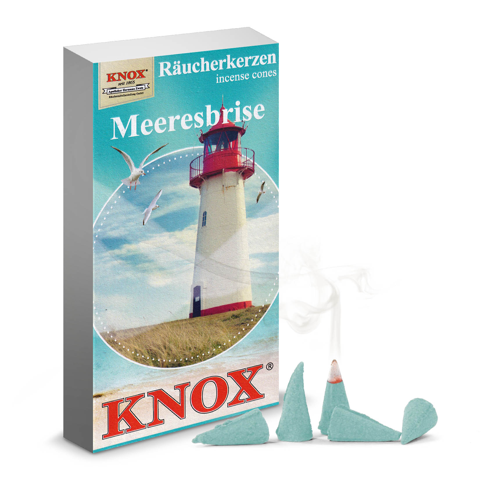 Verpackung von KNOX Räucherkerzen mit dem Motiv eines Leuchtturms am Meer, daneben einige blaue Räucherkerzenkegel und aufsteigender Rauch. im Dregeno Online Shop günstig kaufen