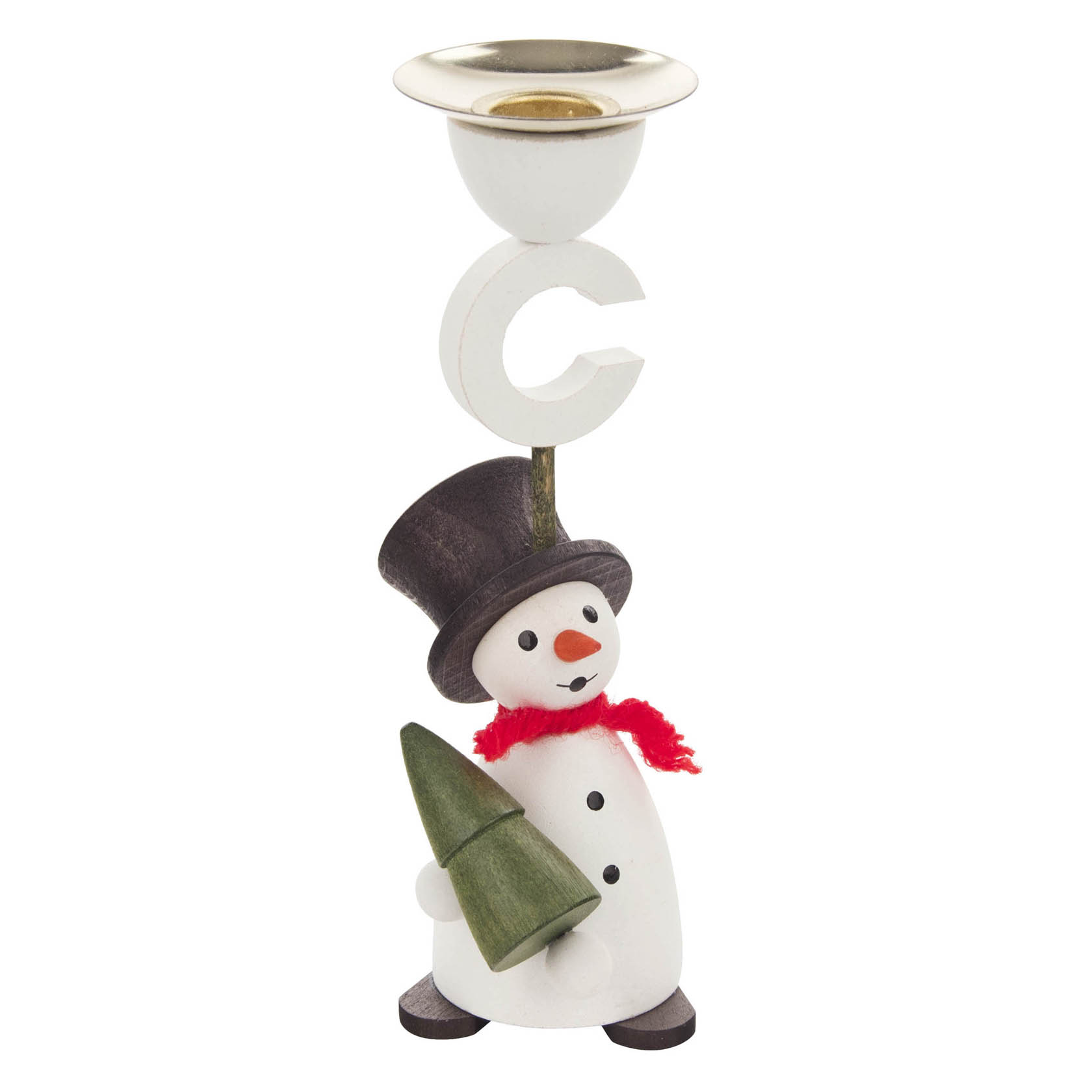 Ein Schneemann aus Holz mit schwarzem Zylinder und rotem Schal hält einen grünen Tannenbaum. Oben befindet sich ein Kerzenhalter für Kerzen mit 14 mm Durchmesser. im Dregeno Online Shop günstig kaufen