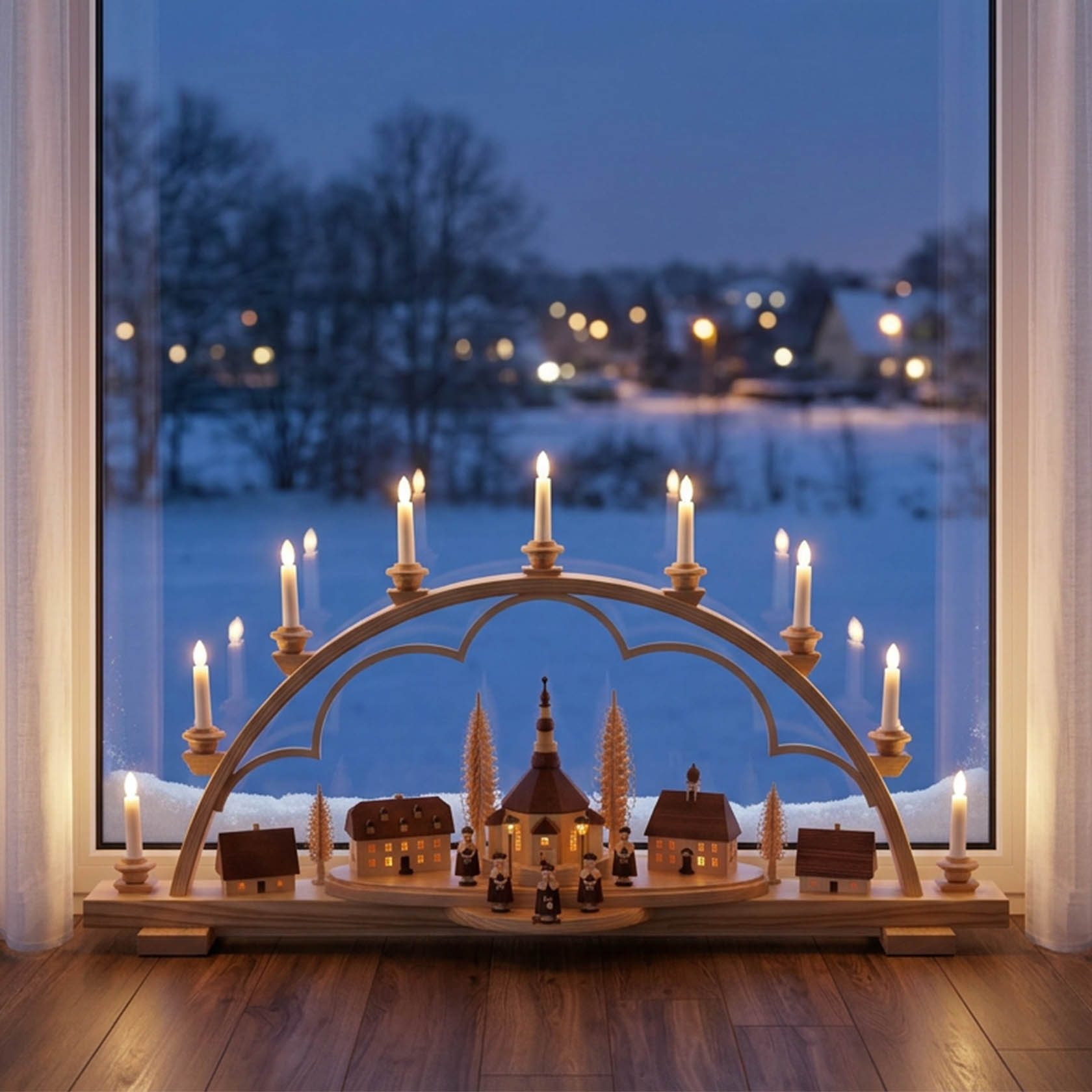 Wooden arch with Seiffen village scene, illuminated buildings, lanterns and choir figures, placed by a window showing a snowy landscape.
