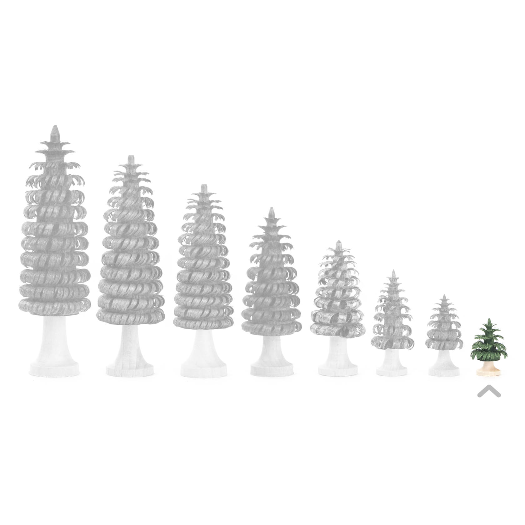 A miniature spiral tree measuring 2 cm with a trunk, colored green, placed next to progressively larger, gray, spiral trees.