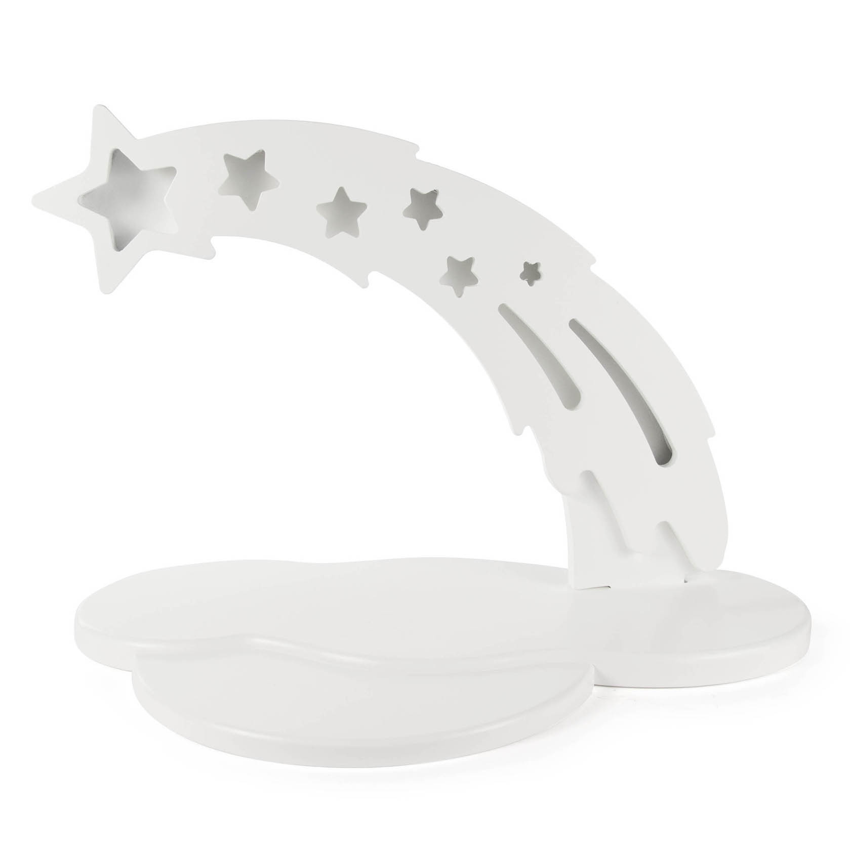 Weißer Sternbogen mit Ausstanzungen von Sternen und LED-Beleuchtung auf einem schlichten Sockel. im Dregeno Online Shop günstig kaufen