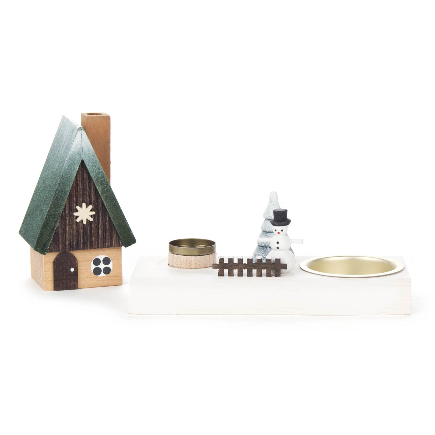 Wooden candle holder featuring a small incense house with a green roof, a snowman, a tree, and a fence on a white tray.