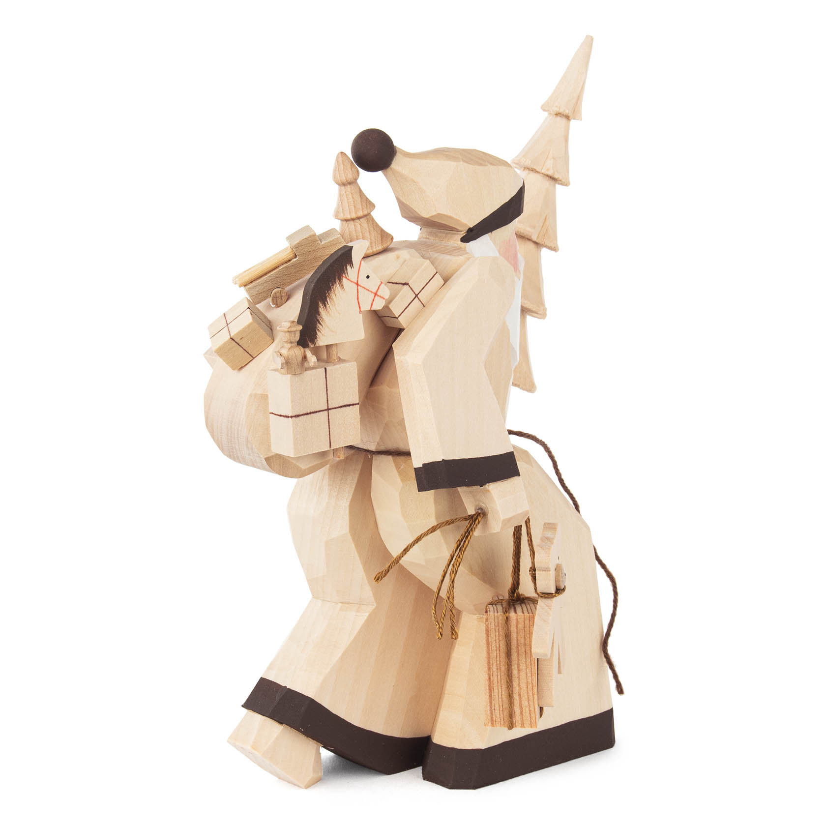 A wooden carved Santa Claus figurine holding a Christmas tree and gifts, with a natural, unfinished wood look.