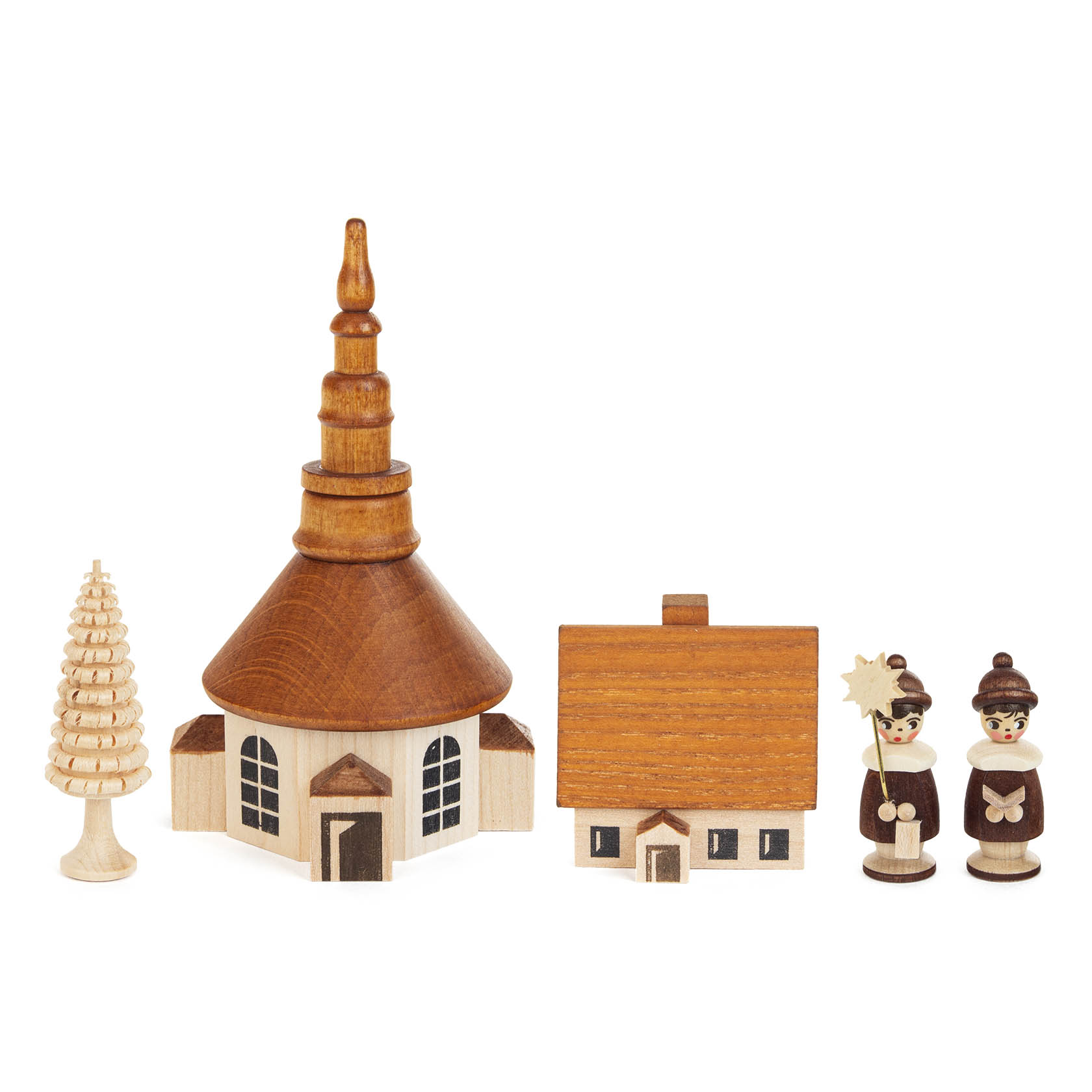 Two wooden carol singers holding a star, with a wooden church, tree, and house in background, handcrafted in natural wood tones.