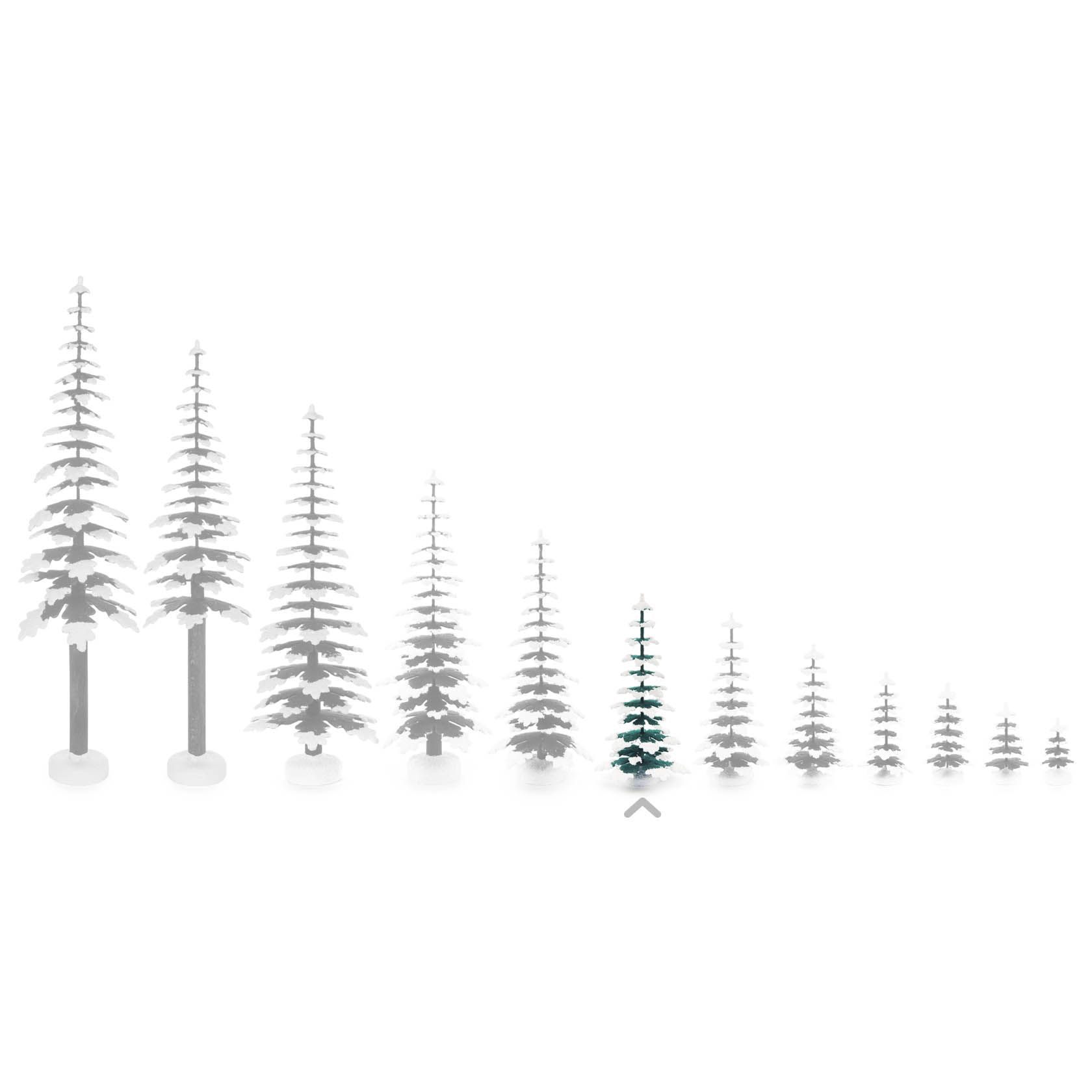 A small green and white fir tree stands among a row of similar trees, gradually decreasing in size, with the green tree being 15 cm tall.