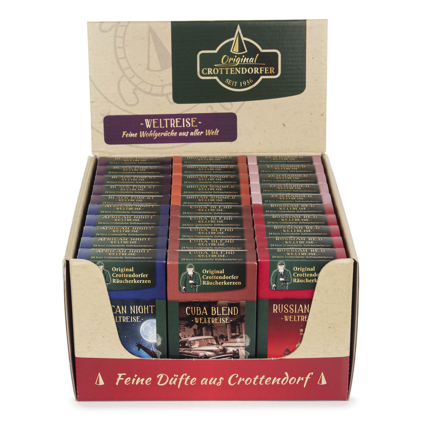 Display mit 30 Schachteln Crottendorfer Räucherkerzen, Thema Weltreise, mit Düften wie Alaska Night, Cuba Blend und Russian Snow.