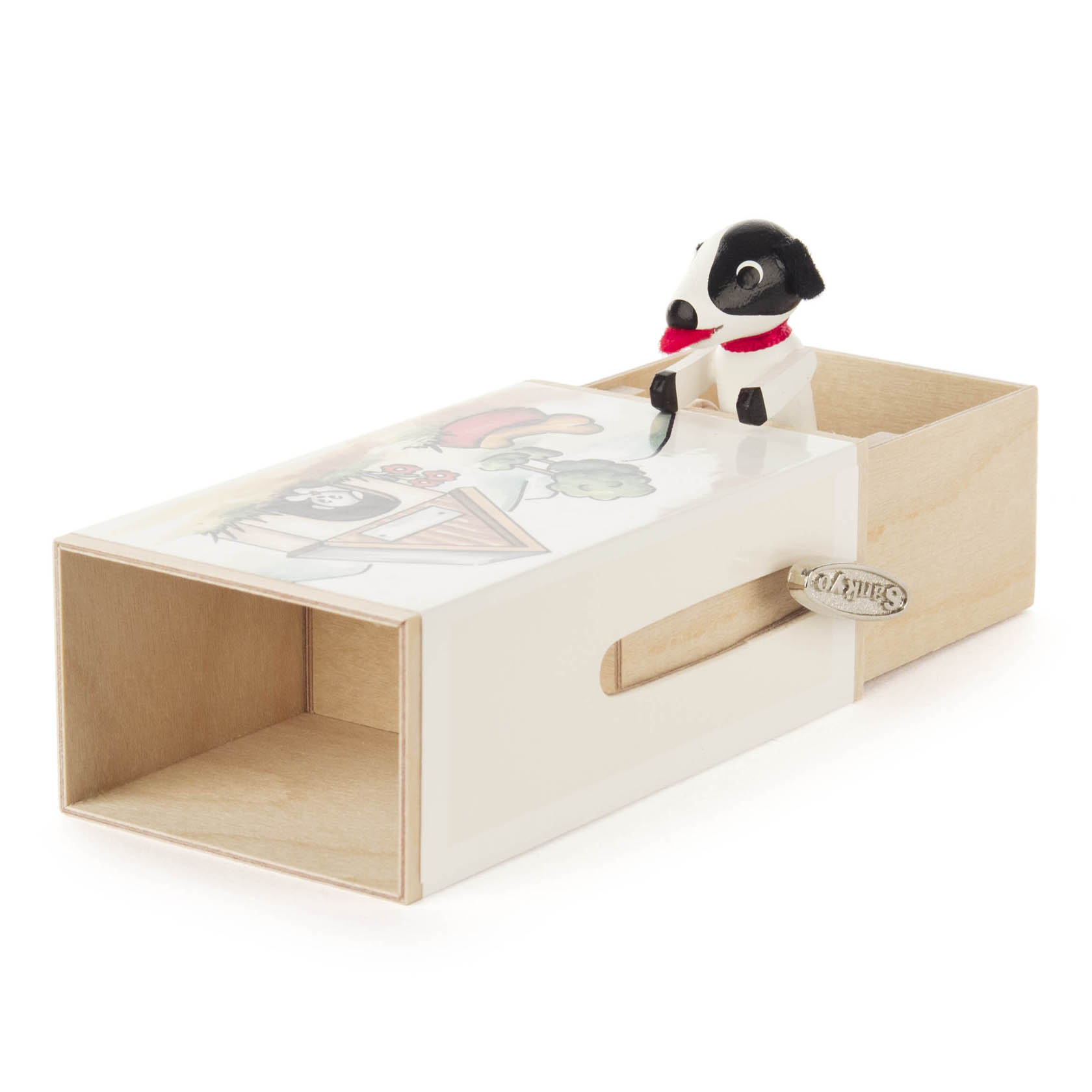 Schiebebox aus Holz und Kunststoff mit einem kleinen Hund darauf. Der Hund trägt ein rotes Halsband und schaut aus der Box heraus.