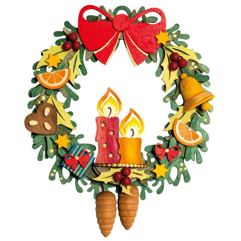 Weihnachtlicher Türkranz mit roten und gelben Kerzen, grünen Blättern, orangen Scheiben, kleinen Geschenken, Glocke und Schleife dekoriert. im Dregeno Online Shop günstig kaufen