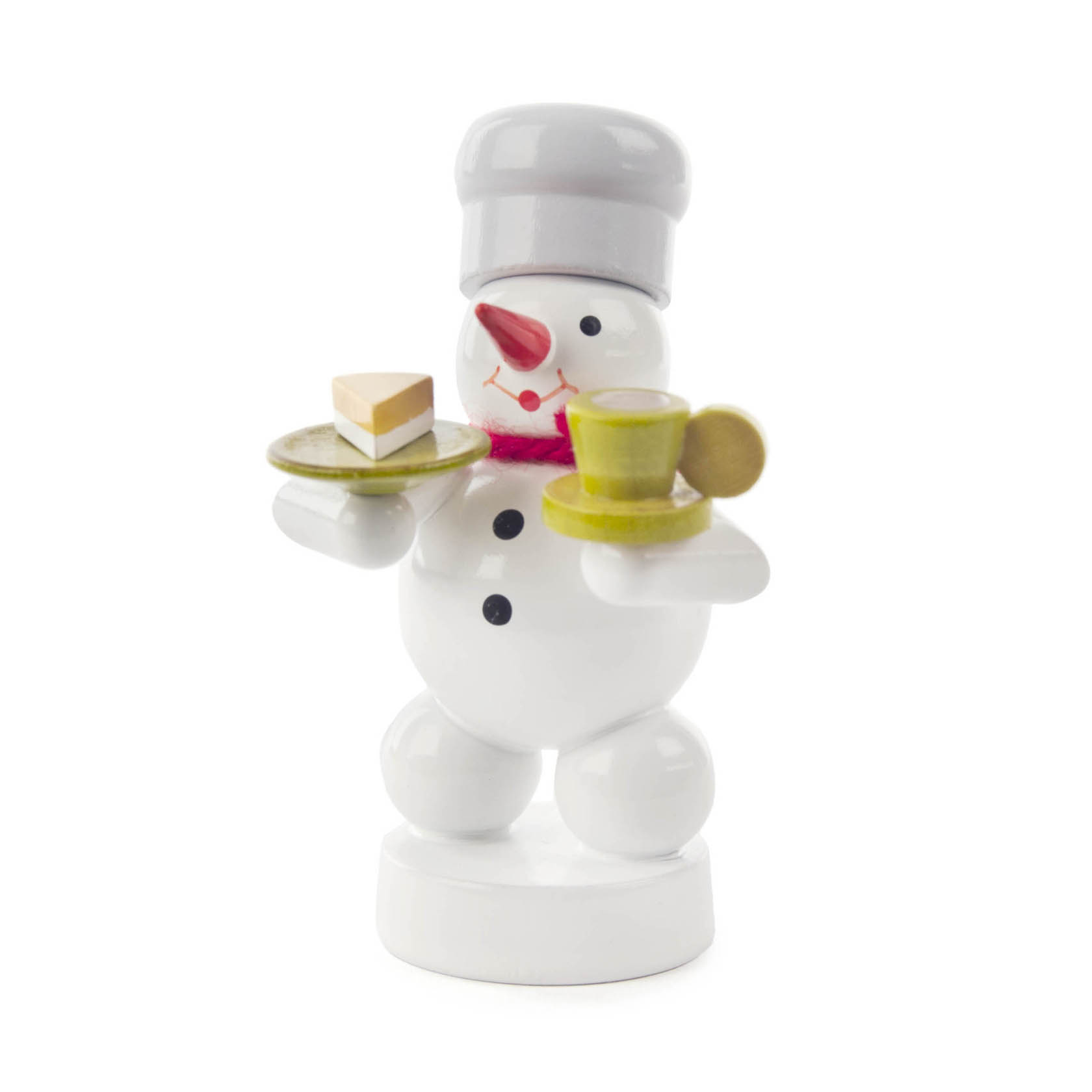 A snowman figure wearing a baker's hat, holding a tray with a piece of cake and a yellow coffee cup. im Dregeno Online Shop günstig kaufen