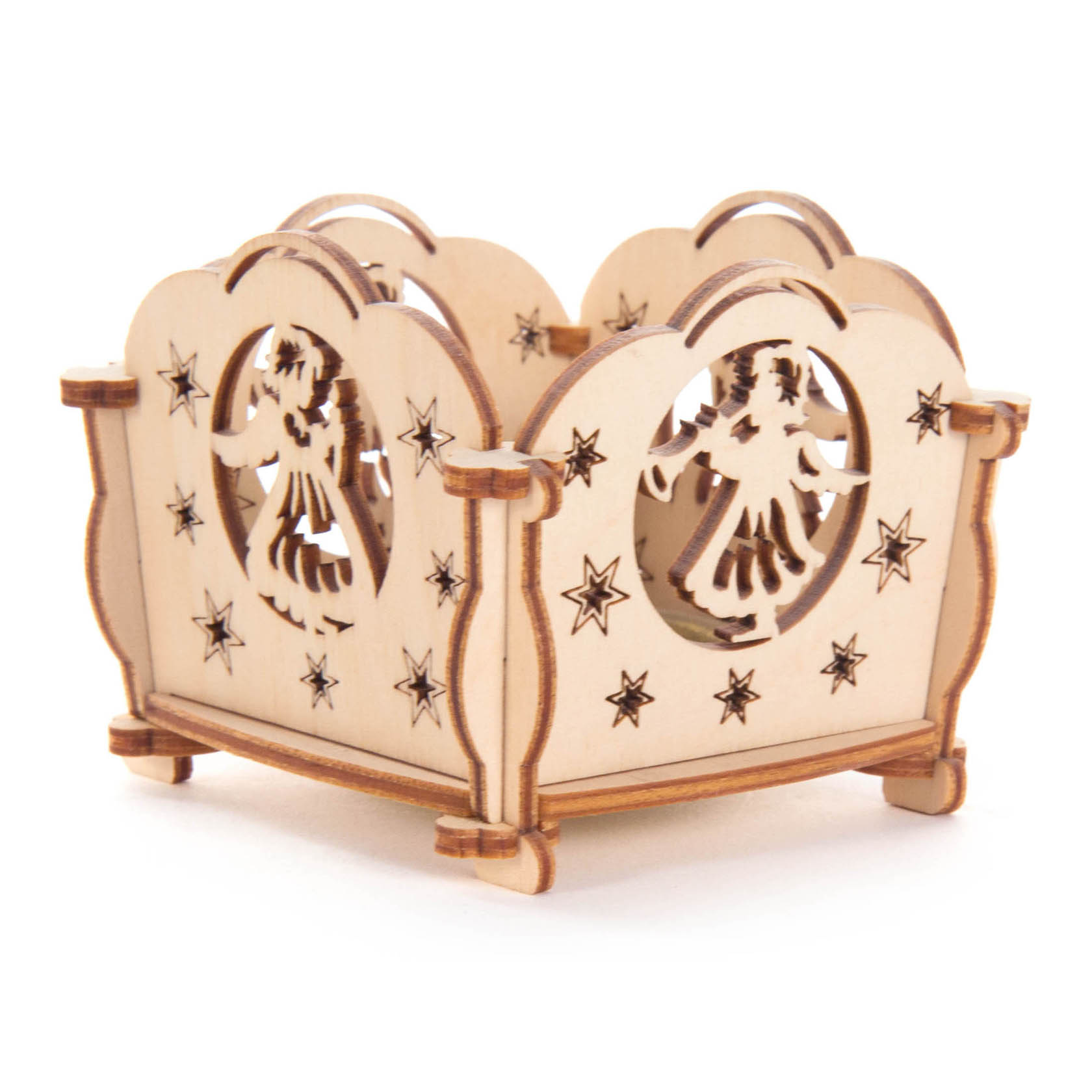 Wooden tealight holder kit featuring angel cutouts measuring 7.3x5.8x7.3 cm.