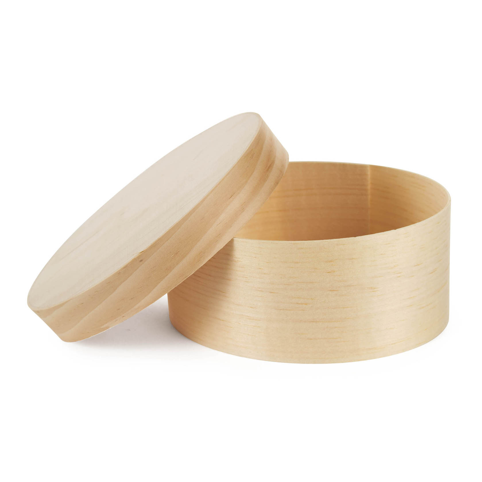 An open, oval-shaped, light-colored wooden box with matching lid placed slightly ajar, dimensions approximately 120x90x50 mm.