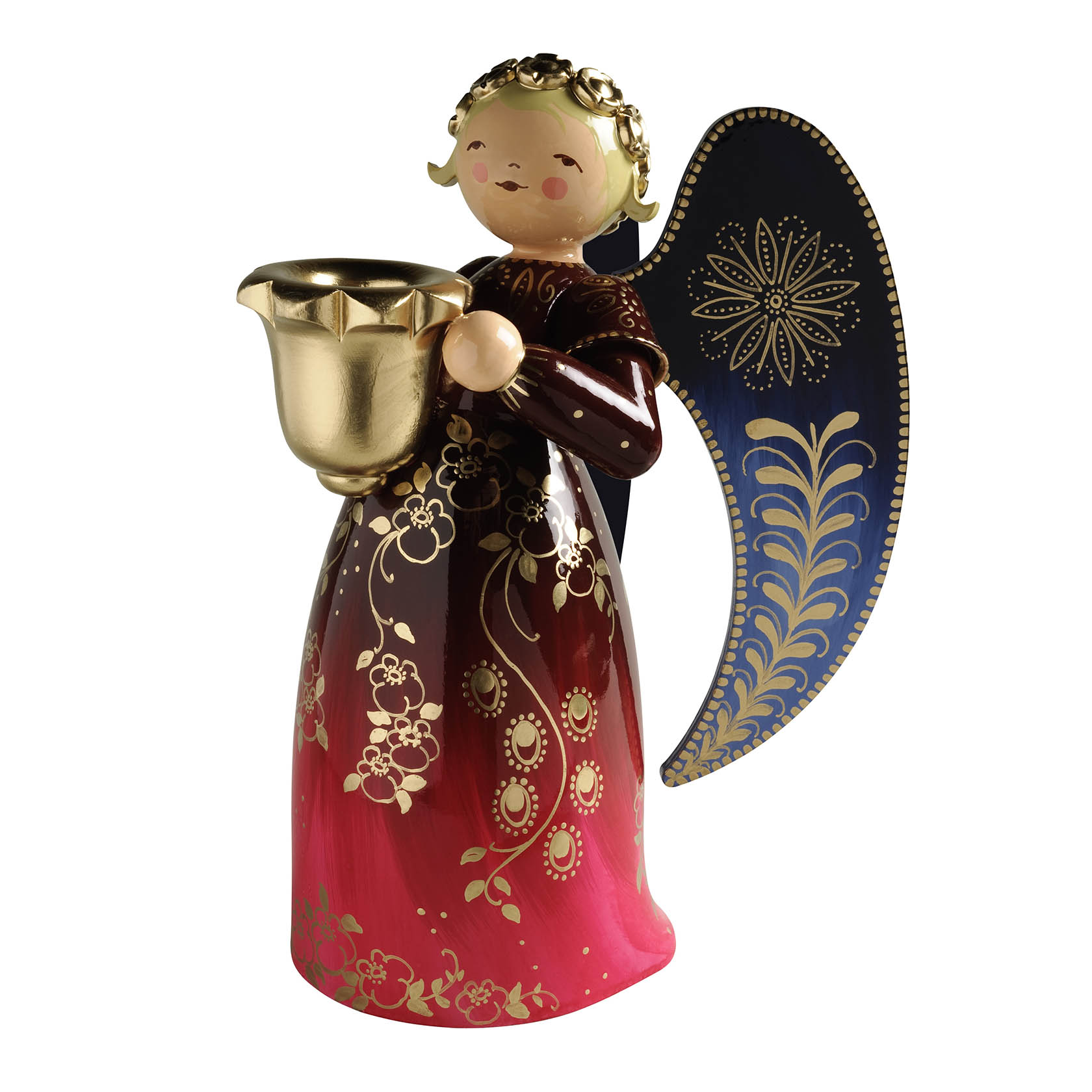 Ein großer Engel mit goldenen Locken hält einen goldenen Lichtnapf. Das Kleid des Engels ist in Rot- und Brauntönen reich verziert. Die Flügel sind dunkelblau mit goldenen Mustern. im Dregeno Online Shop günstig kaufen