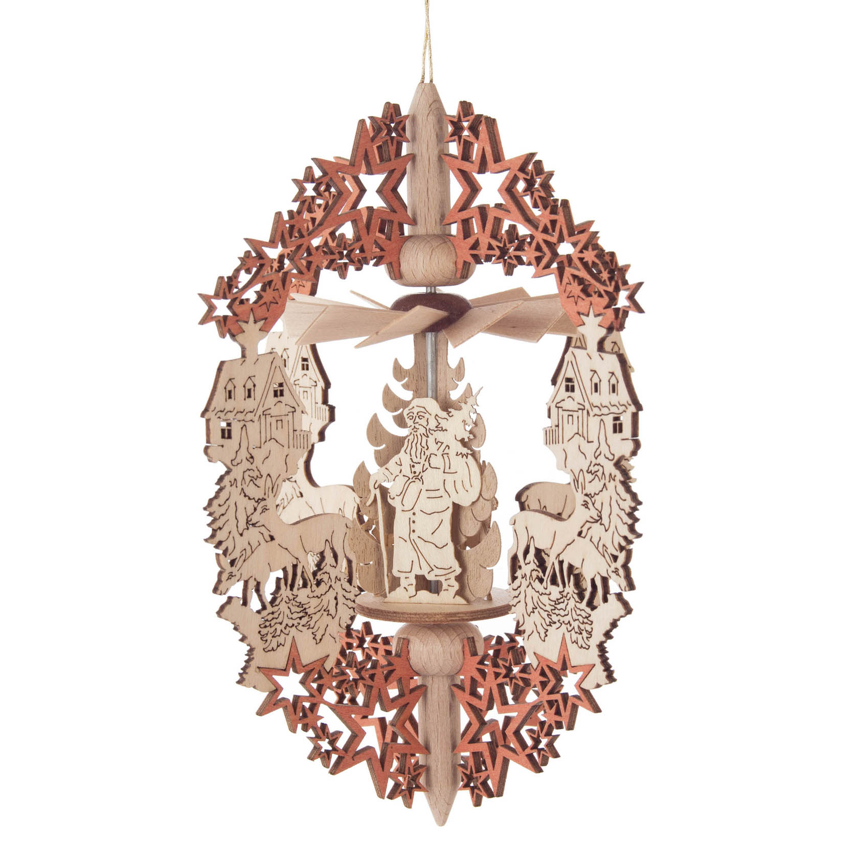 Ornate wooden Christmas ornament with a Santa Claus figure, surrounded by stars and houses, designed to hang as part of a warming decoration. im Dregeno Online Shop günstig kaufen