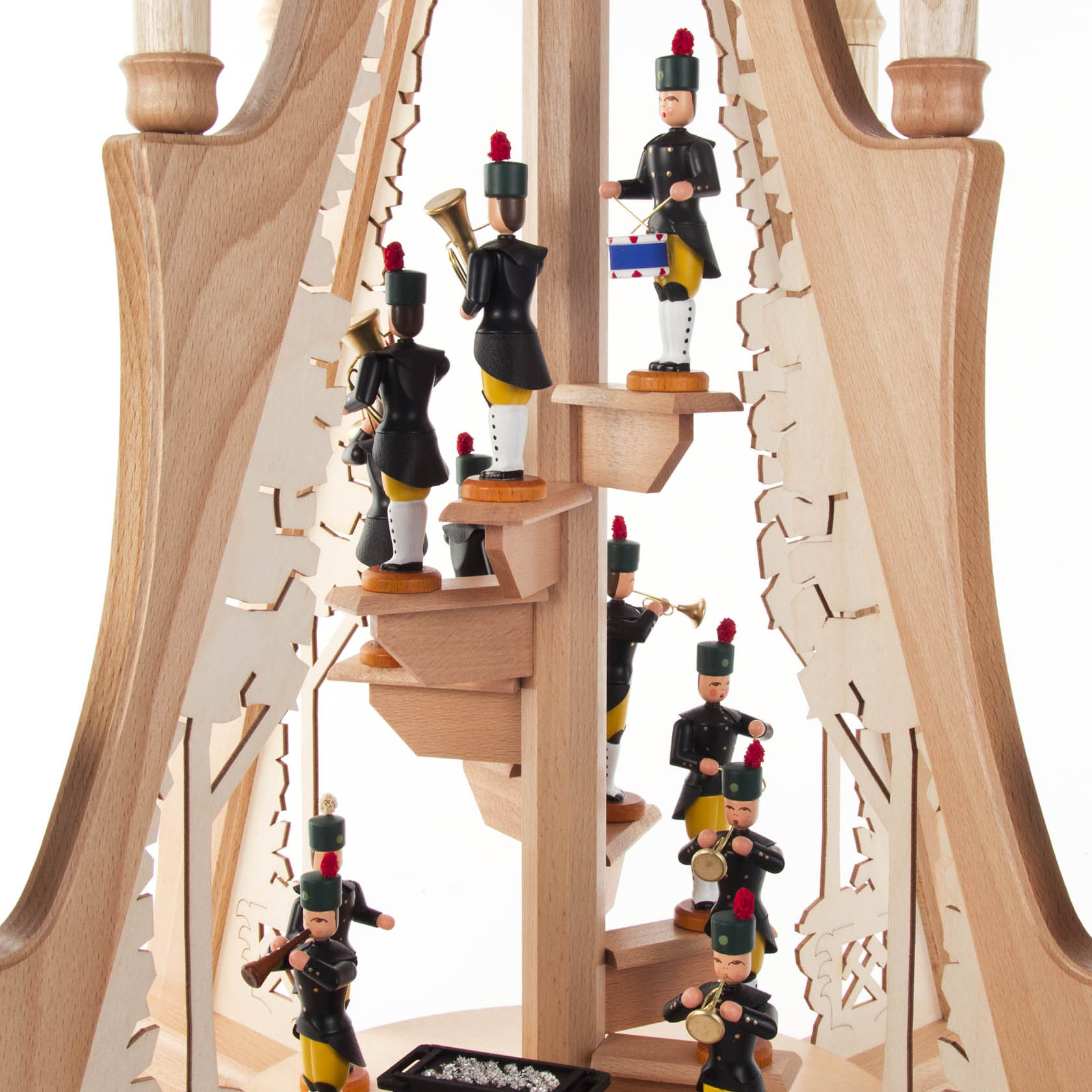 Wooden pyramid with miner figurines, featuring electric illumination and motion. Miners are depicted in traditional attire, some with instruments.