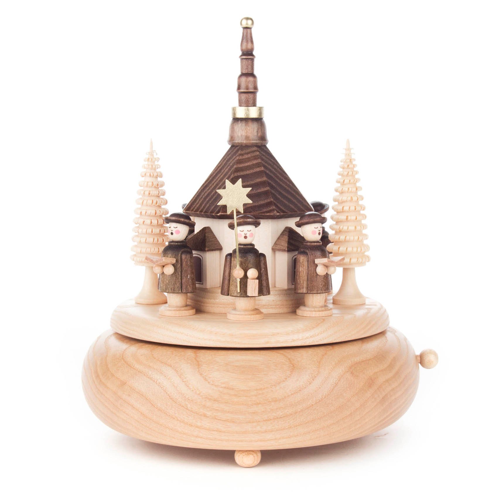 Spieldose mit Seiffener Kirche und Kurrende, Figuren braun Melodie: Am Weihnachtsbaume...