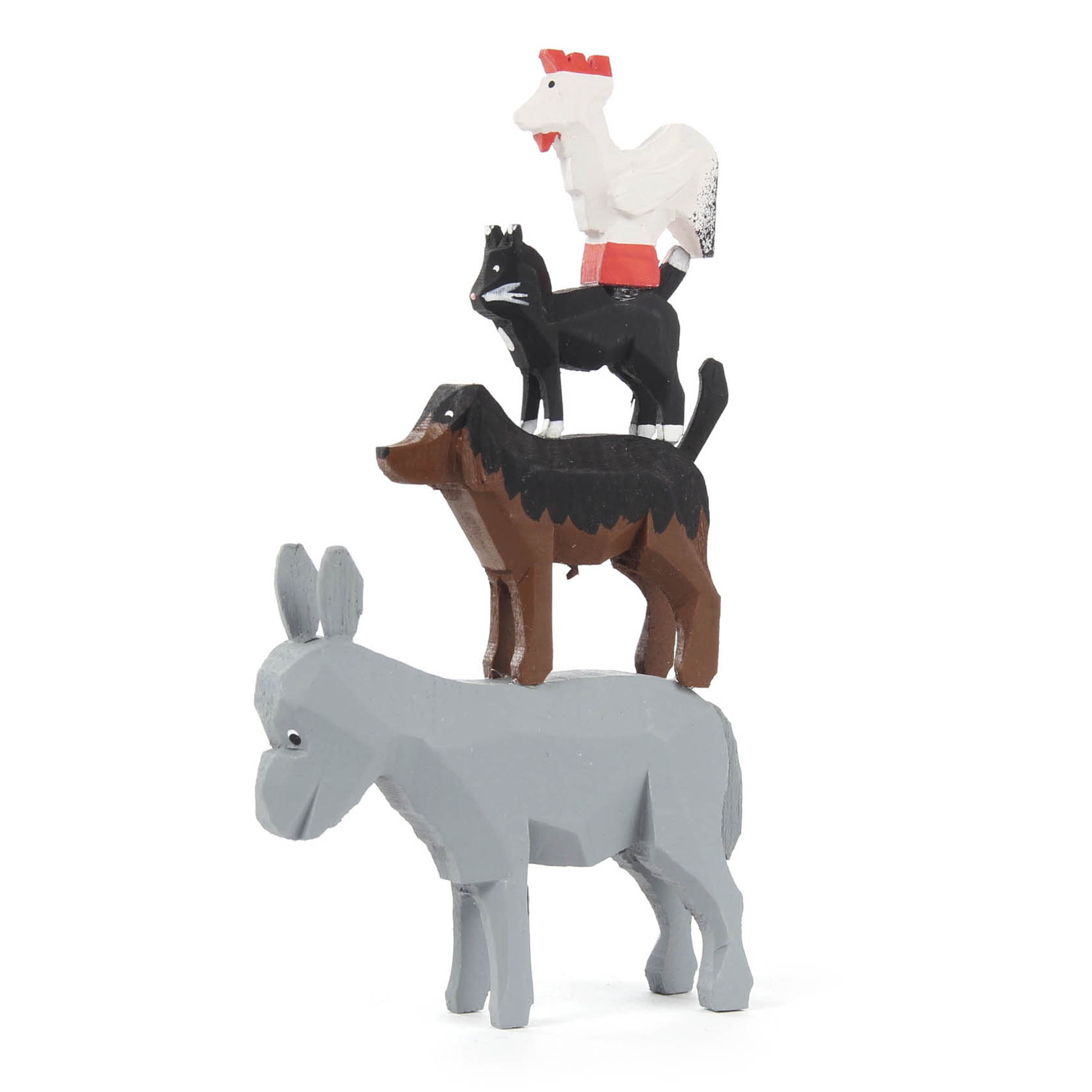 A sculpture of the Bremen Town Musicians featuring a donkey, a dog, a cat, and a rooster stacked on each other's backs, from bottom to top. im Dregeno Online Shop günstig kaufen
