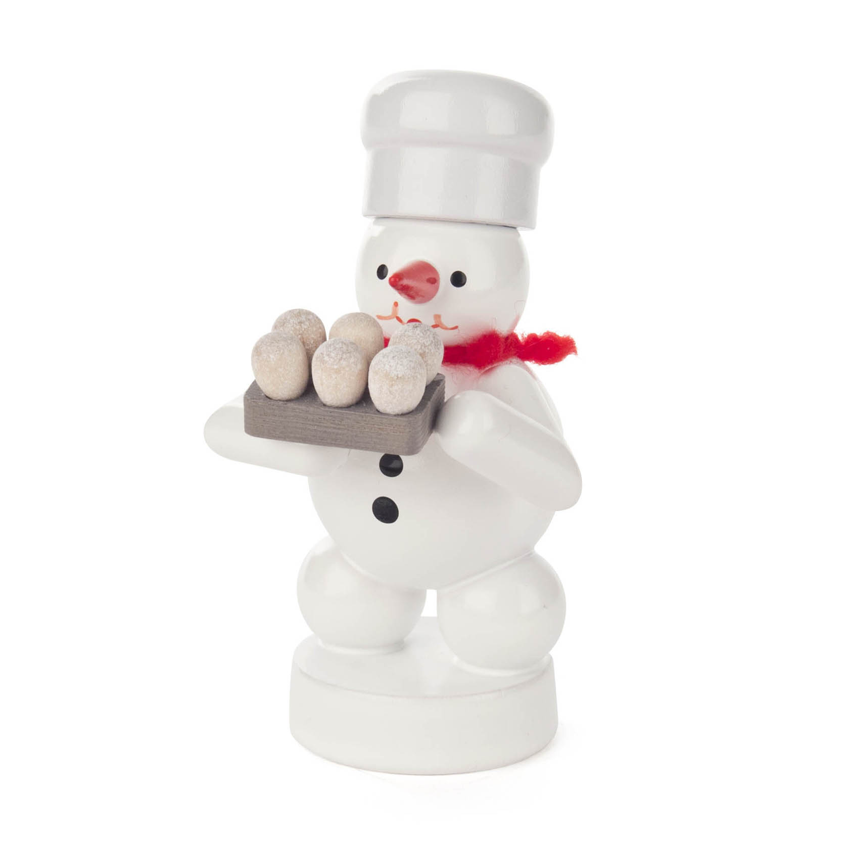 A ceramic snowman wearing a baker's hat and red scarf, holding a tray with six eggs. im Dregeno Online Shop günstig kaufen