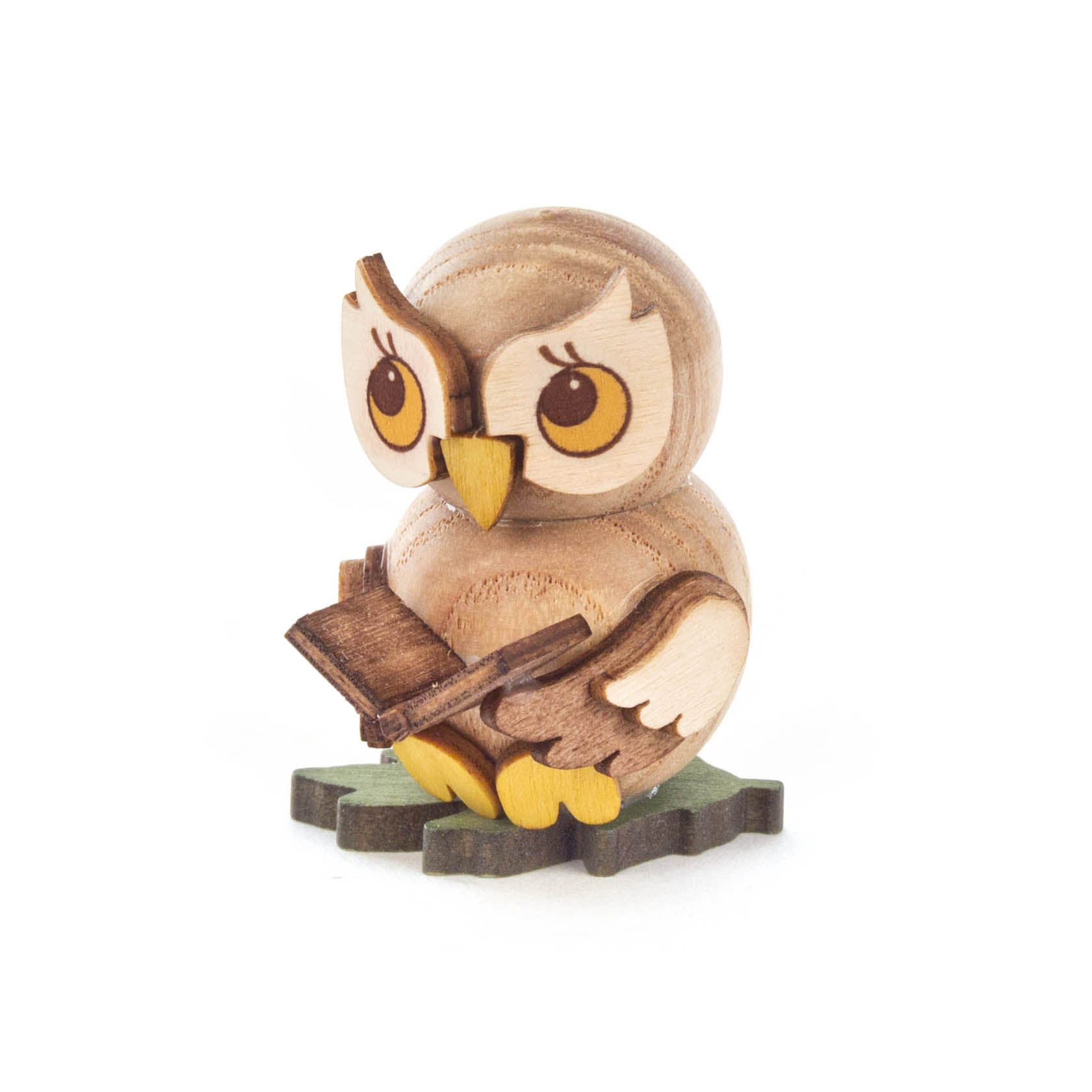 Holzfigur einer jungen Eule mit großen Augen, die ein Buch hält. im Dregeno Online Shop günstig kaufen