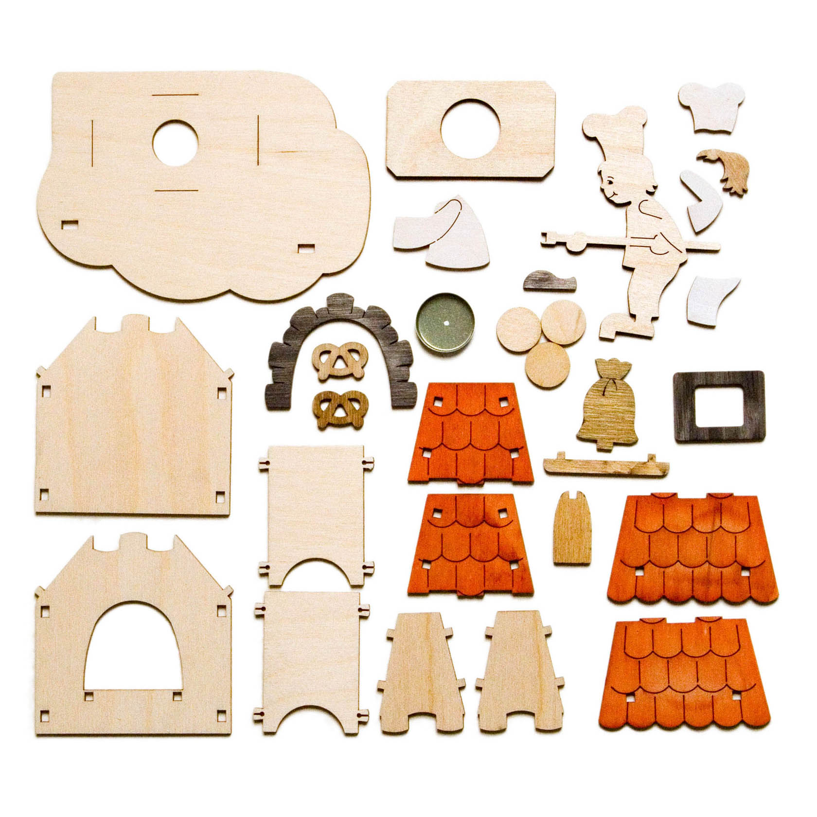 Holzteile eines Bastelsets für einen Räucherkerzen-Backofen. Enthält Teile für Wände, Dach, Schornstein und einen Bäckerfigur, die zusammengebaut werden können.