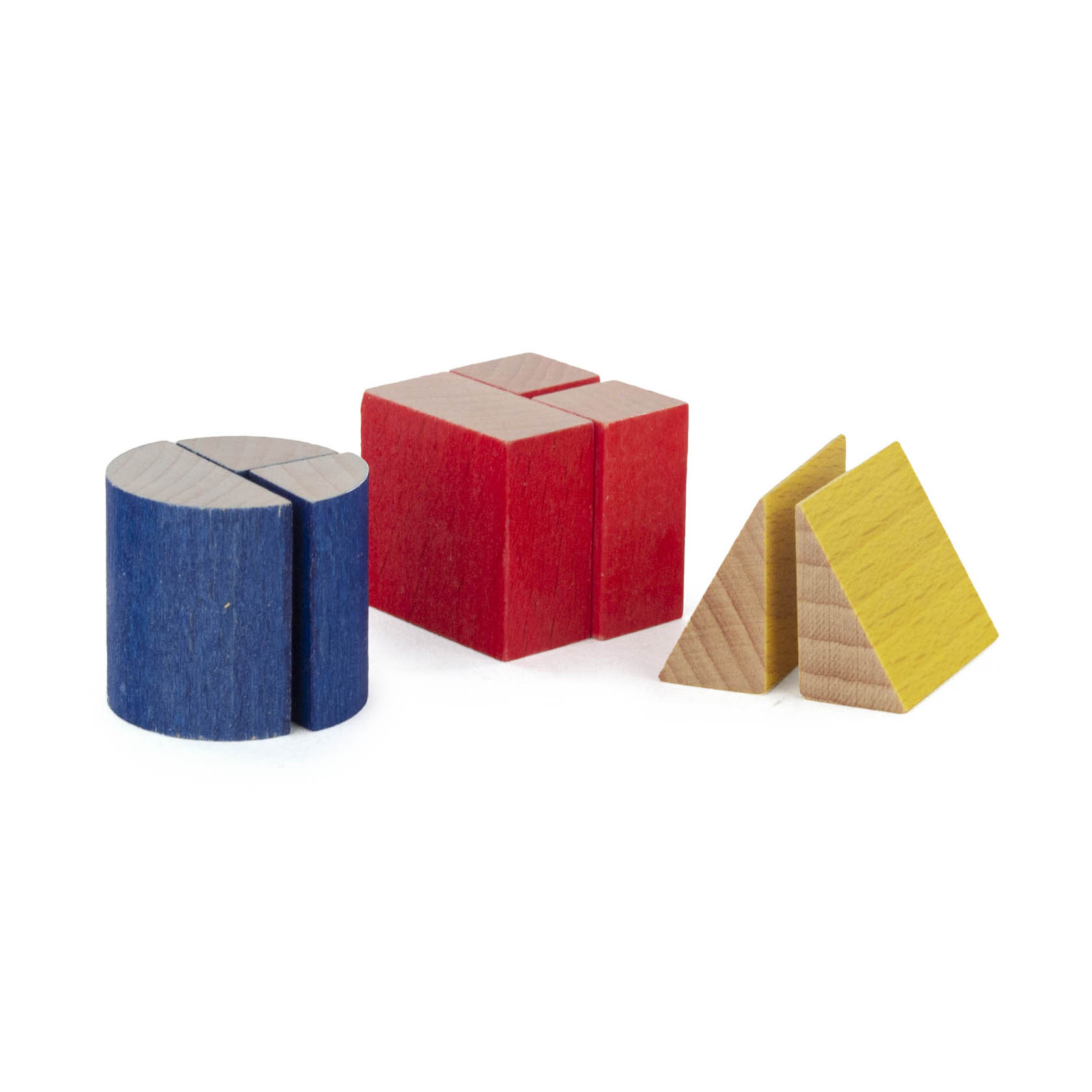 Colorful wooden geometric shapes, including a blue and beige semicircular shape, a red cubic shape, and yellow triangular prisms on a white background. im Dregeno Online Shop günstig kaufen