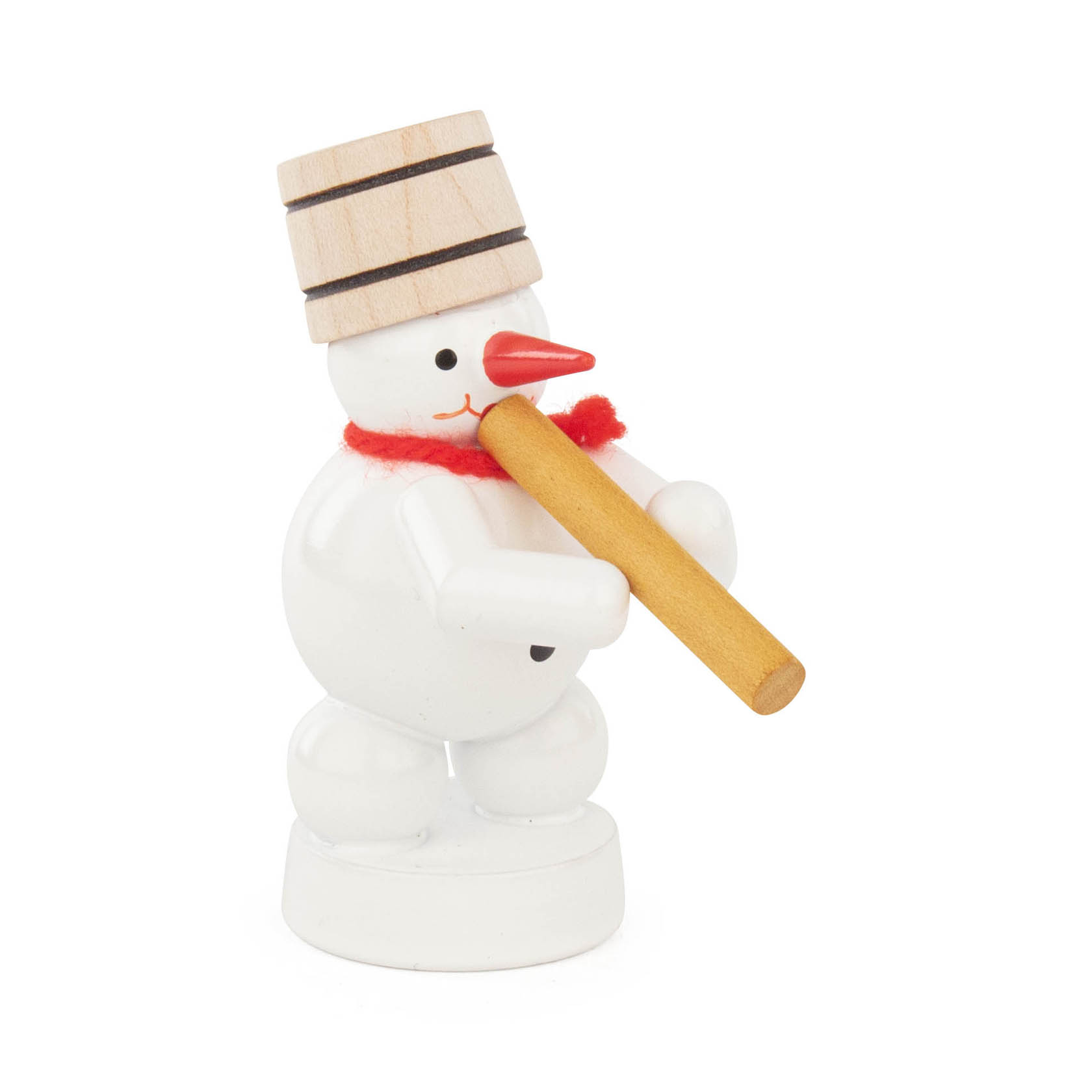 A snowman figurine with a wooden hat and a red scarf playing a didgeridoo. im Dregeno Online Shop günstig kaufen