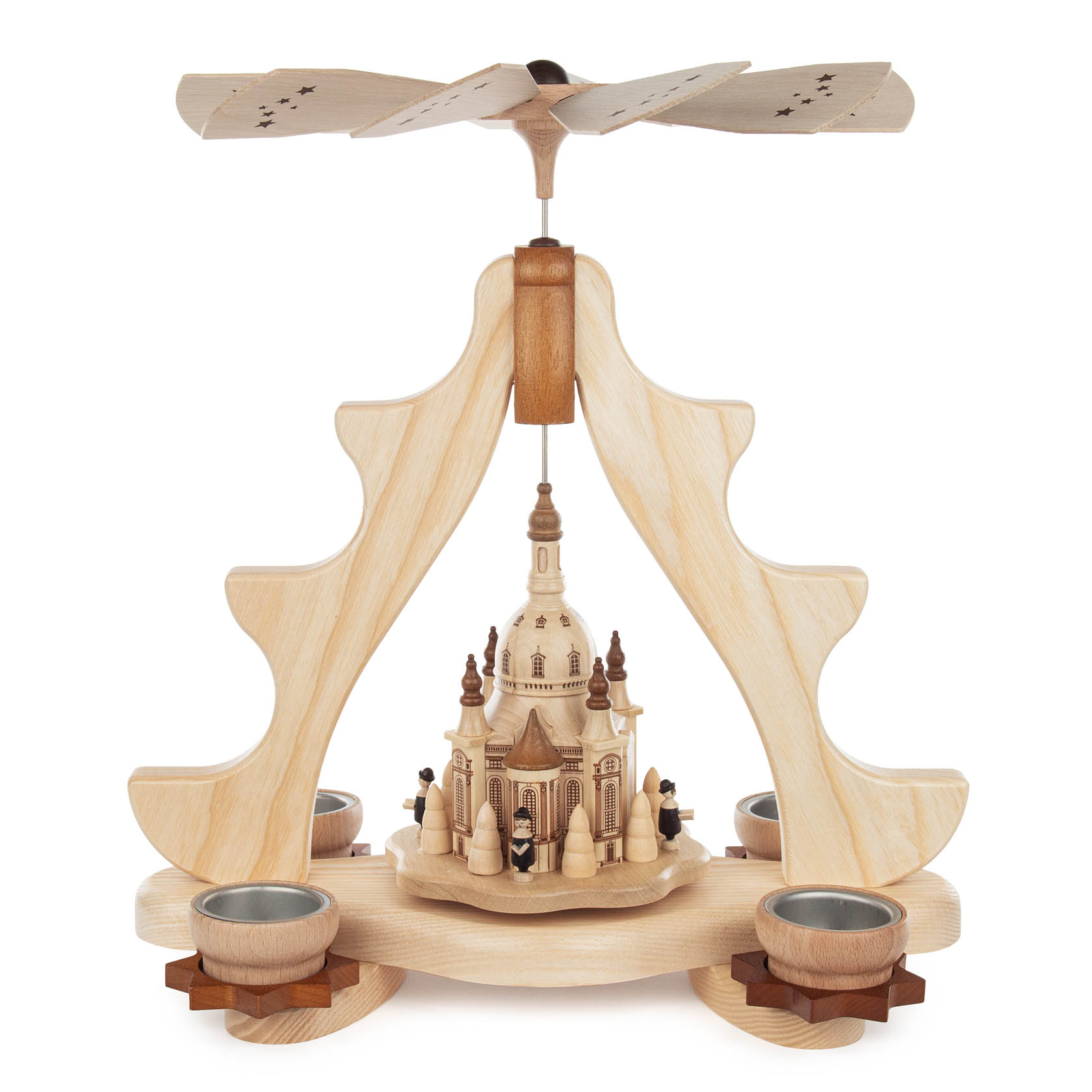 Holzpyramide mit der kleinen Dresdner Frauenkirche in der Mitte, geeignet für Teelichter, mit einer rotierenden Windmühle oben. im Dregeno Online Shop günstig kaufen
