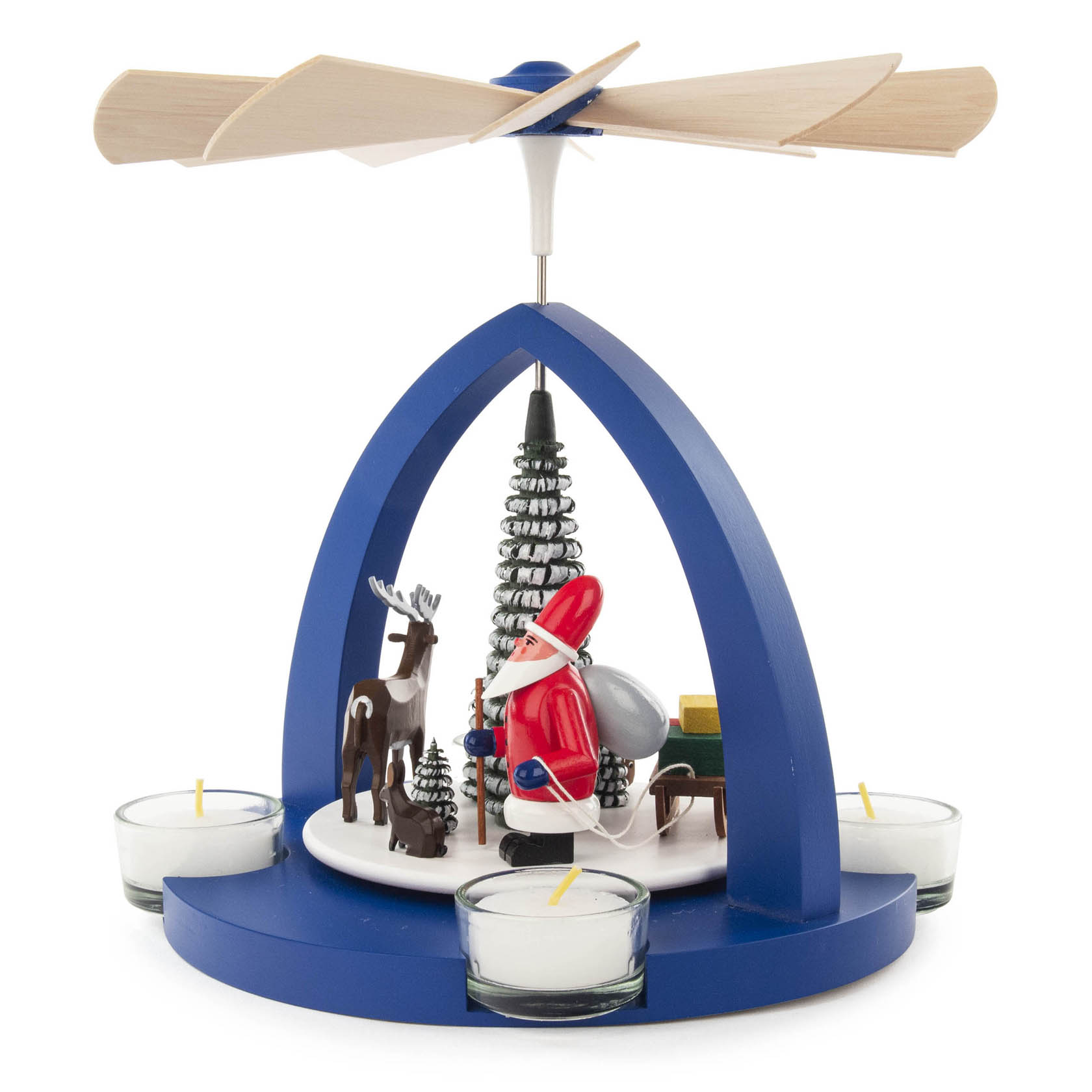 Pyramide mit Weihnachtsmann und Waldtieren, blau,  für Teelichte