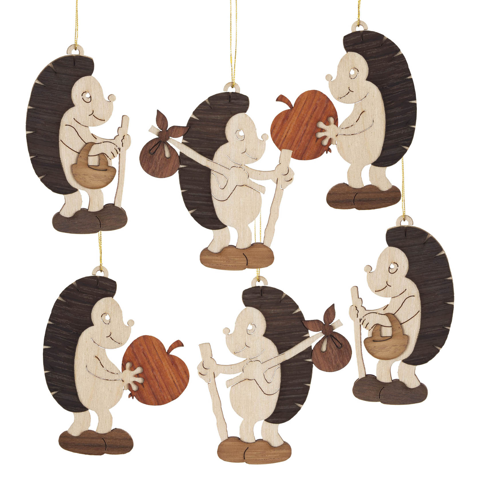 Sechs hölzerne Igel-Ornamente mit Obst und Beuteln. Jedes Ornament zeigt einen Igel mit verschiedenen Accessoires, wie einem Apfel und einem Beutel. im Dregeno Online Shop günstig kaufen